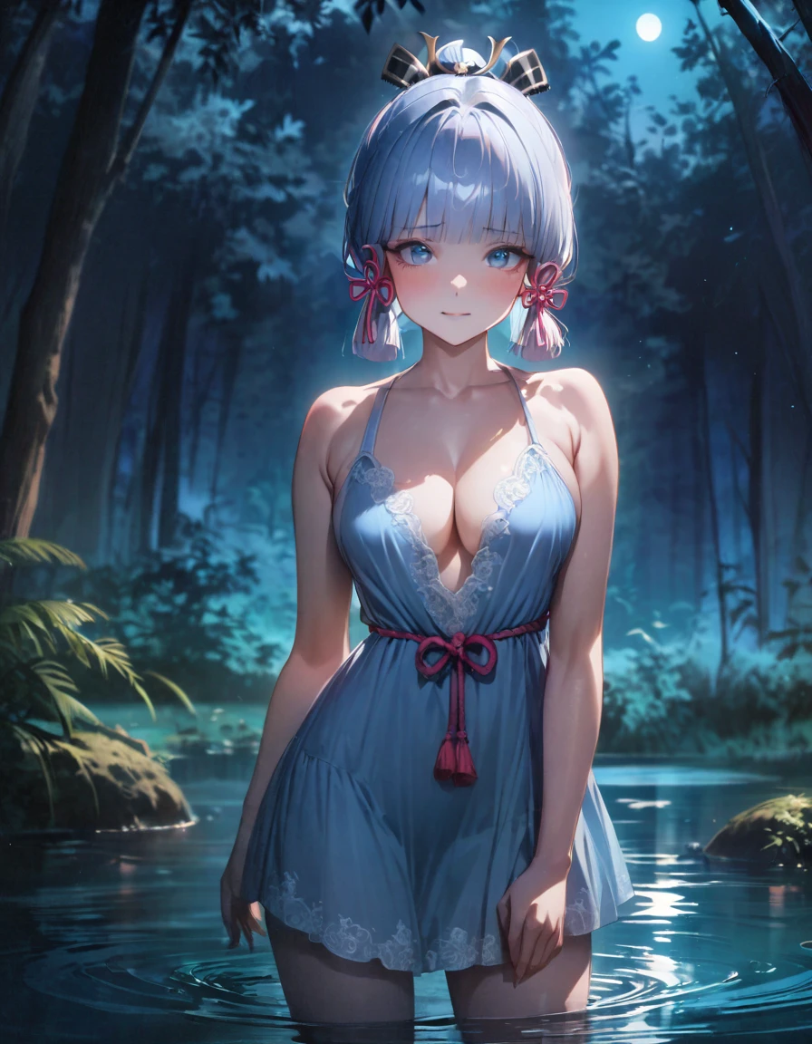 (SFW), ultra-detailed, best quality, illustration, detailed textures(realists), vivid colors, soft lighting, blushing, mature, no bras, hair fluttering, soft skin, beautiful, 4K, medium breasts, cleavage, kamisato_ayaka, solo, bright eyes, standing, slim body, narrow waist, (from front:1.5), bare thigh, beautiful-detailed eyes, ((blue night gown, no sleeves night gown)), ((forest background, standing in the pond, nighttime, dark forest with moonlight seeping through the canopy)),