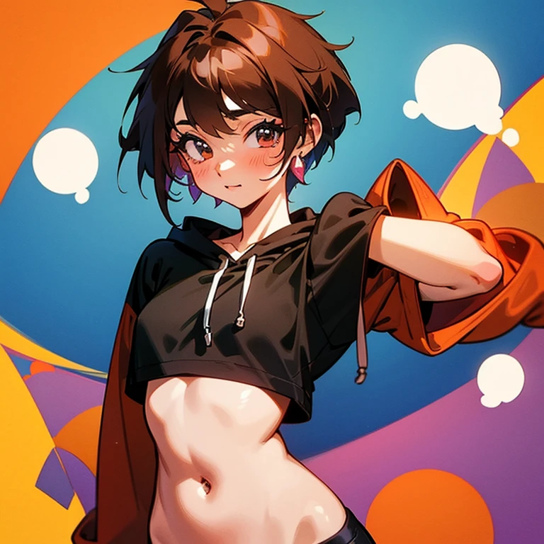 Cute girl in a hoodie、Belly button、Black T-shirt、slender、Tight clothing、Pixie Cut、Sporty、Grown-up、24-years-old、Red-brown hair、Brown Skin、Earrings、