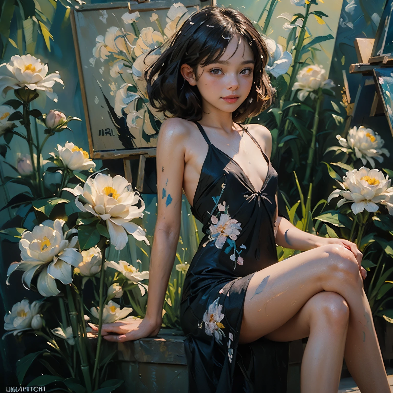 ((create), (young girl, 16 years, naked, full height, dark hair, bright skin, scarlet lips, smile; black, expressive playful eyes, long eyelashes), (female naked body, Fantastic space), (flowers, Chrysanthemums-лилии, peonies, 1 full-length girl-solo, beautiful breasts), (girl, bare shoulders, (ecchi0.5), lips, Splashing water, (flowers:0.6), (birds:0.2), (Bamboo0.1) , (lakes), (very beautiful, naked girl, full height, relaxed posture, slight body twist, facing the viewer, beautiful small breasts), (dressed; black translucent chiffon dress, Golden Line, Very short dress), (calm relaxed posture, hair fluttering in the wind, half a turn, look at the viewer, stylish girl model)).((Background - Fantastic space, flower garden, graphic clear line, stylized - graphic, (lily flowers, peonies, Chrysanthemums ) - (stunning blooming irises; (violet, yellow, blue, white), (Modern style, Modern, very beautiful young girl). (High quality, masterpiece). ((Highest quality workmanship, realism, oil painting, Modern brushwork, master's hand, mercy, ease of execution)).