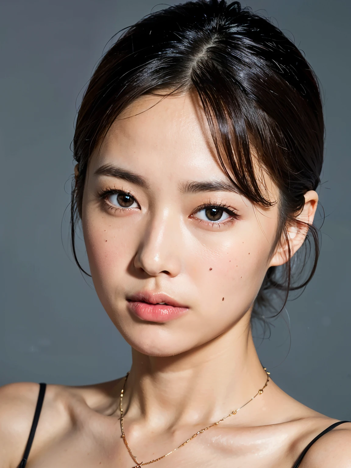 (highest quality, 8k, 32k, masterpiece, Ultra-high resolution: 1.2), Cute Japanese 50 year old woman photos, Upper Body, nude、 necklace, Simple Background, Look around, large bust with drooping、short hair、Thick eyebrows、Narrow eyes