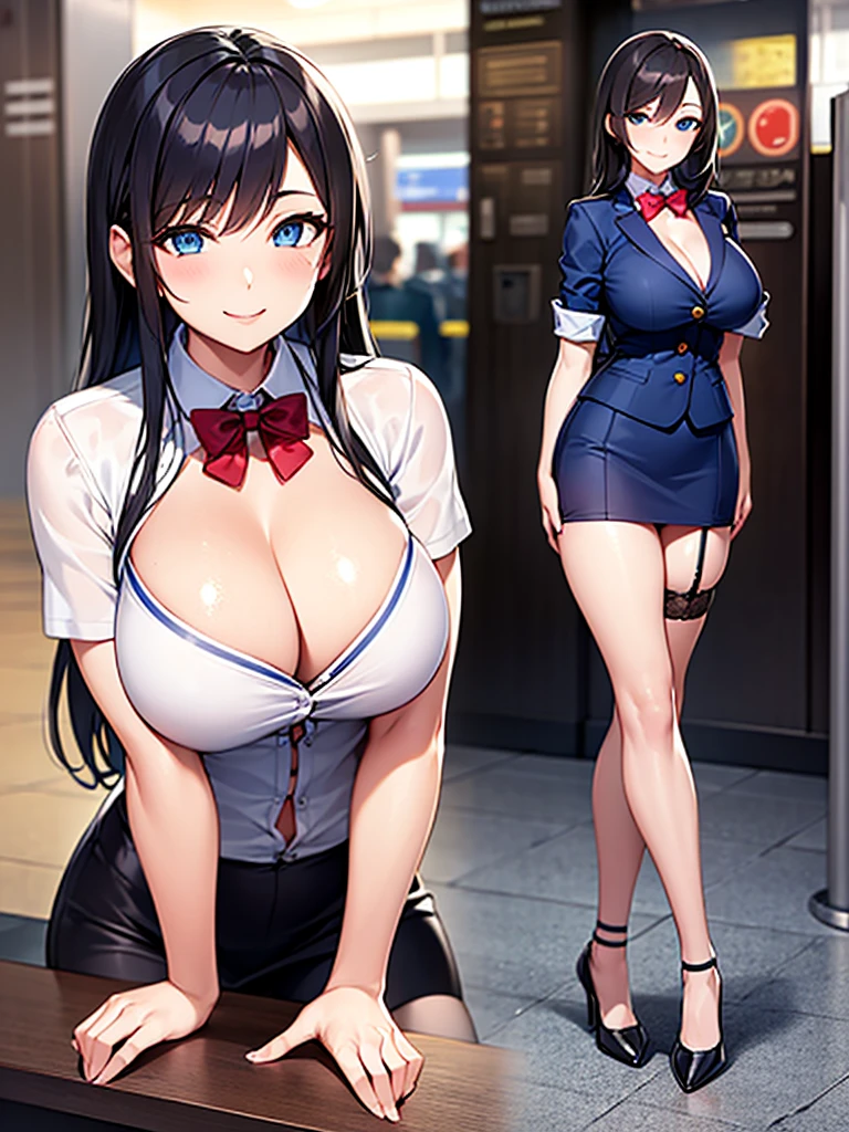 Stewardess, sexy body, big breasts, cleavage, big hip, stockings, garter belts, smiling, beautiful face, detailed face, very detailed eyes, long black hair, blue eyes, full body, high quality, airport, detailed background, high resolution, airport check-in counter
