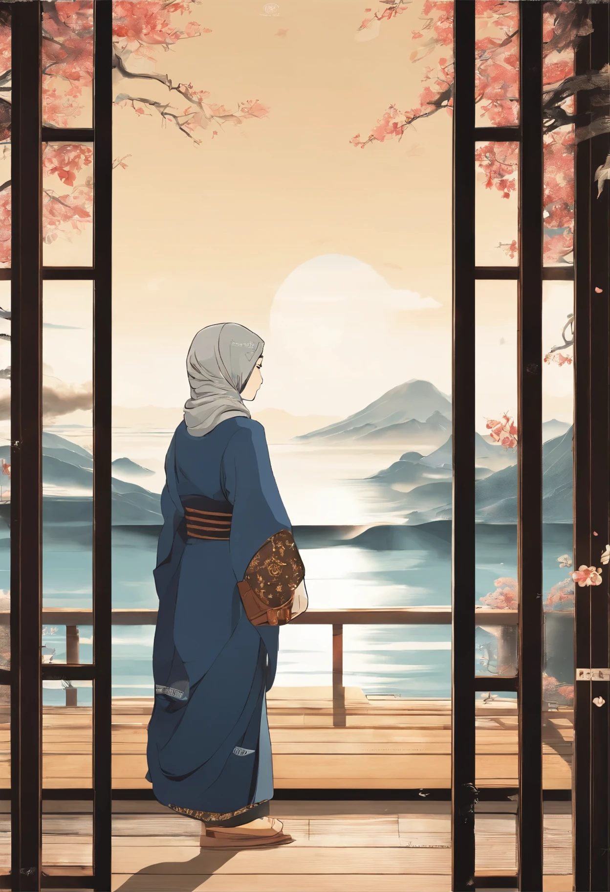 Illustration style、Ukiyo-e、Showa Anime、Woman hijab facing this way、Japanese、The morning sun is shining in the background、Shinkai Makoto style、The season is winter、I can see the sea in the distance