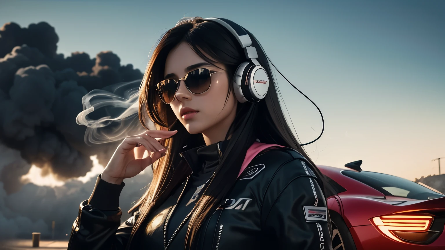 In the foreground is a beautiful young girl with long hair., wearing large stylish headphones. She looks confident and immersed in the music. There is a sports car in the background, shrouded in colorful smoke, creating a vibrant and dynamic atmosphere.

Details for creating a picture:

Main object:

Beautiful young girl in sunglasses.
long hair.
Large stylish headphones.
the background:

sports car (Sports car).
colorful smoke, surrounding car.
Style and mood:

Modern and dynamic style.
Bright and rich colors for smoke.
An atmosphere of energy and movement.
Technical specifications:

a high resolution.
Realistic or semi-realistic stylization.
Well-detailed details of headphones and car.
Dramatic lighting to create striking contrasts and highlight key elements