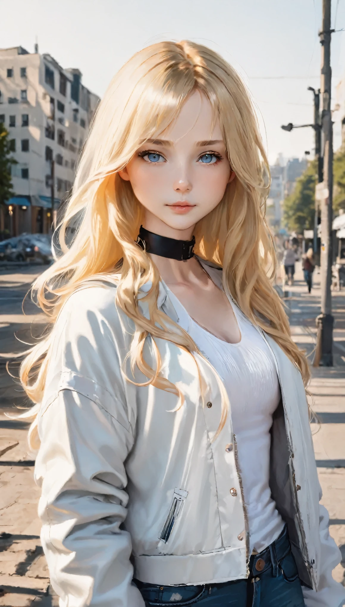1 girl, Medium chest, Blonde Hair, Long Hair, Wavy Hair, Grey Eyes, Outdoor, White jacket, choker, Tank top, jeans