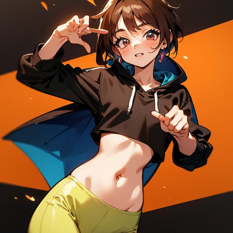 Cute girl in a hoodie、Belly button、Black T-shirt、slender、Tight clothing、Pixie Cut、Sporty、Grown-up、24-years-old、Red-brown hair、Brown Skin、Earrings、