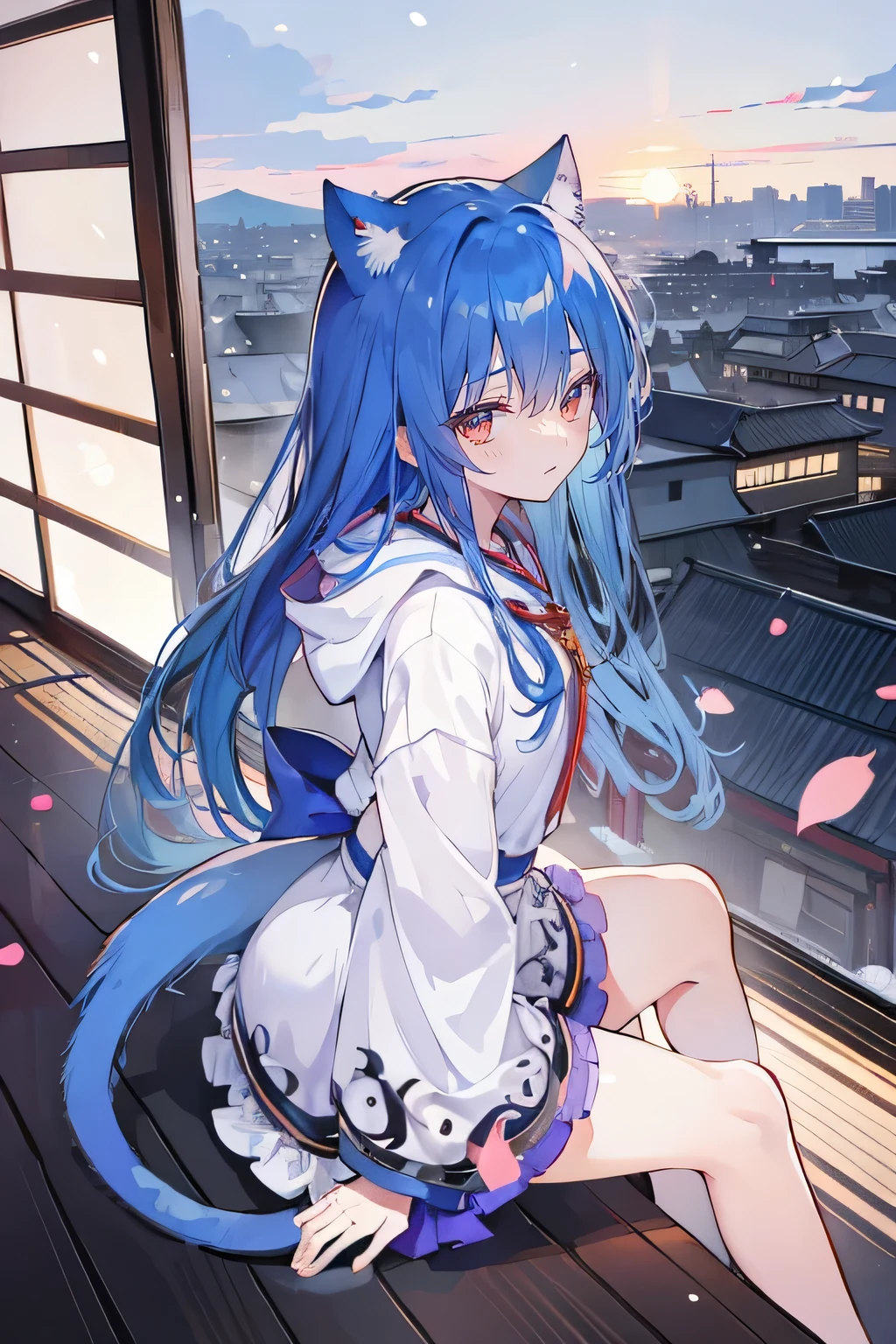 （masterpiece：1.2），Super detailed，lifelike，Expressive eyes，fair skin，perfect face shape，1 girl，
Japanese comics,Gorgeous blue hair,flowing blue hair,flowing clothes,Cat ears,Petals fall,beautiful lola,Baby Angel,sunrise,
Cross your legs，Gentle and peaceful background，The pavilion is cool and comfortable,smile, wearing hoodie, background of tokyo,back views,snowing, winter.