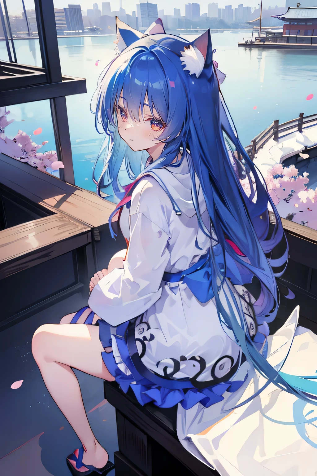 (masterpiece:1.2),Super detailed,lifelike,Expressive eyes,fair skin,perfect face shape,1 girl,
Japanese comics,Gorgeous blue hair,flowing blue hair,flowing clothes,Cat ears,Petals fall,beautiful lola,Baby Angel,sunrise,
Cross your legs,Gentle and peaceful background,The pavilion is cool and comfortable,wearing hoodie, background of tokyo,back views,snowing, winter.
