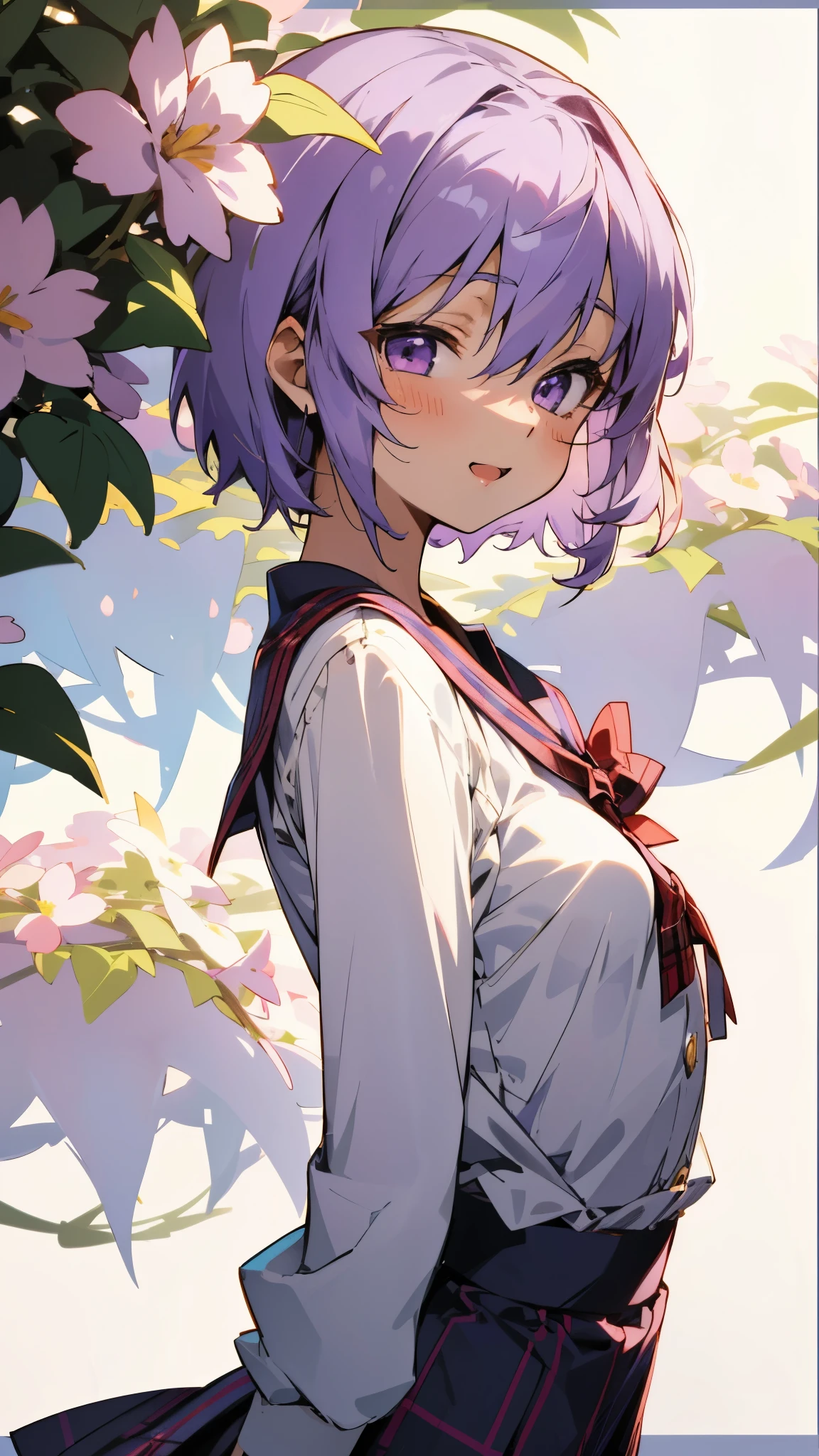 １girl、Yuitsuki Yukari、18-year-old、Small breasts、Slim figure、Light purple hair、short hair、(Hair between the eyes) )、white blouse shirt、Tartan Check Skirt、Upper body close-up、From the side、Laughter、Background of blooming red flowers、Background Blur、Depth of the drawn border