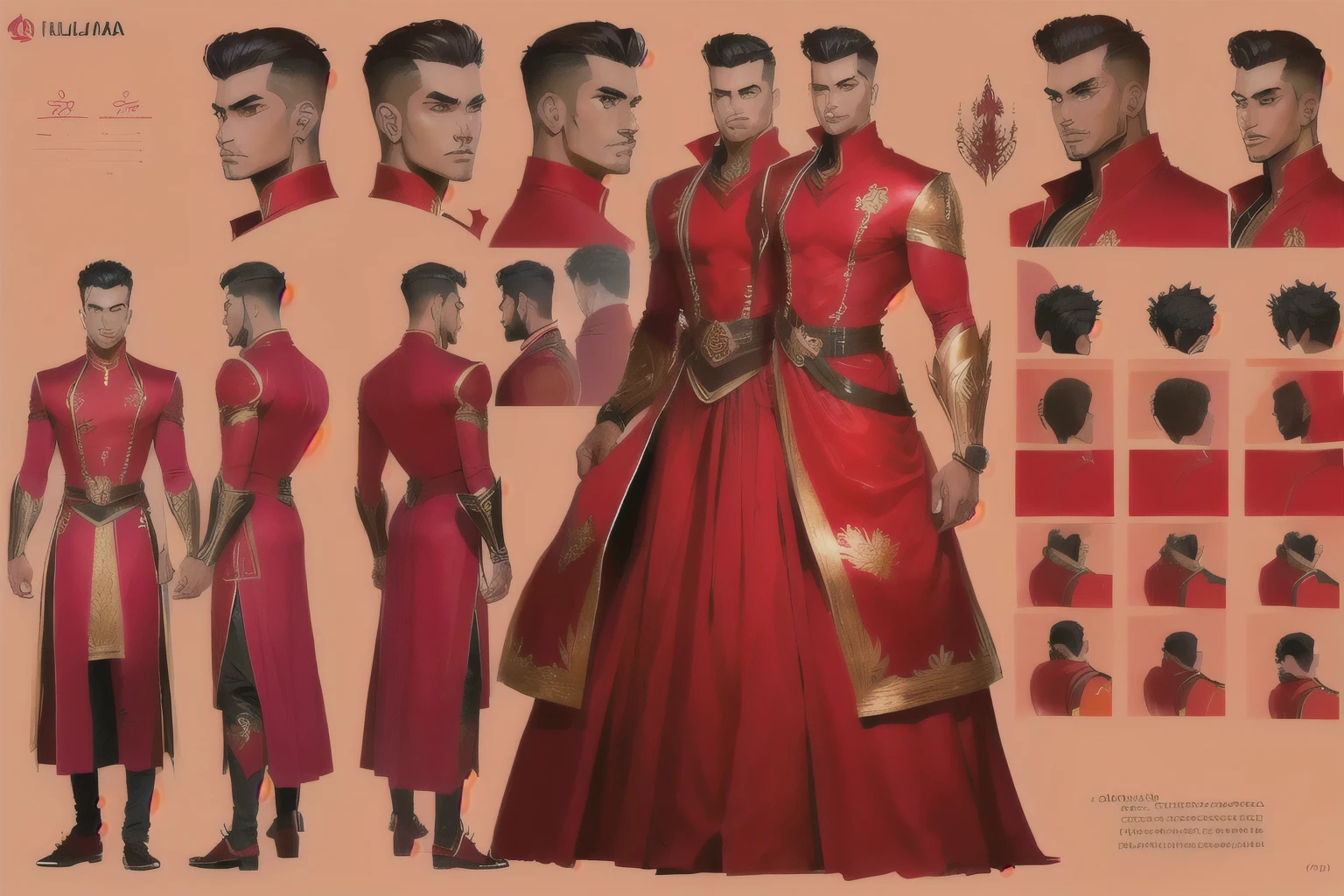 (Character design front ) , Sri Lanka male , 18 male , red dress, character sheet, model sheet
