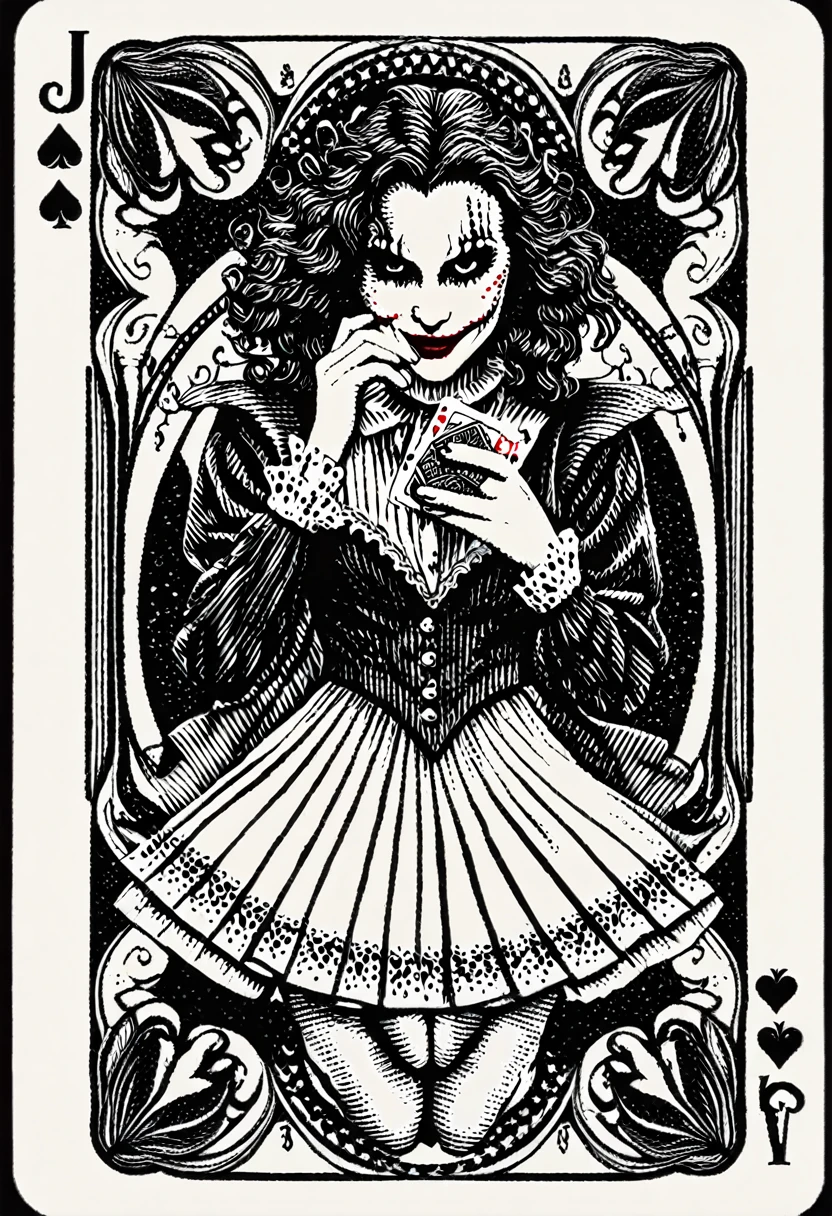 (highest quality、Black and White:1.37)、Joker design of playing cards、(buffoon、Beautiful woman、Ideal proportions)、Remove Color