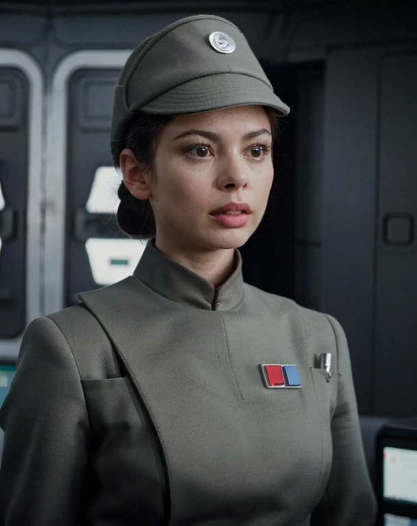 fashion photography of Miranda Cosgrove in olive gray imperialofficer uniform and hat, hair in small tight bun, smooth pale white skin,m, sci-fi Death Star control room, sharp focus, dlsr, ultra sharp, professional Photographer, film grain, very detailed skin texture, photorealistic,