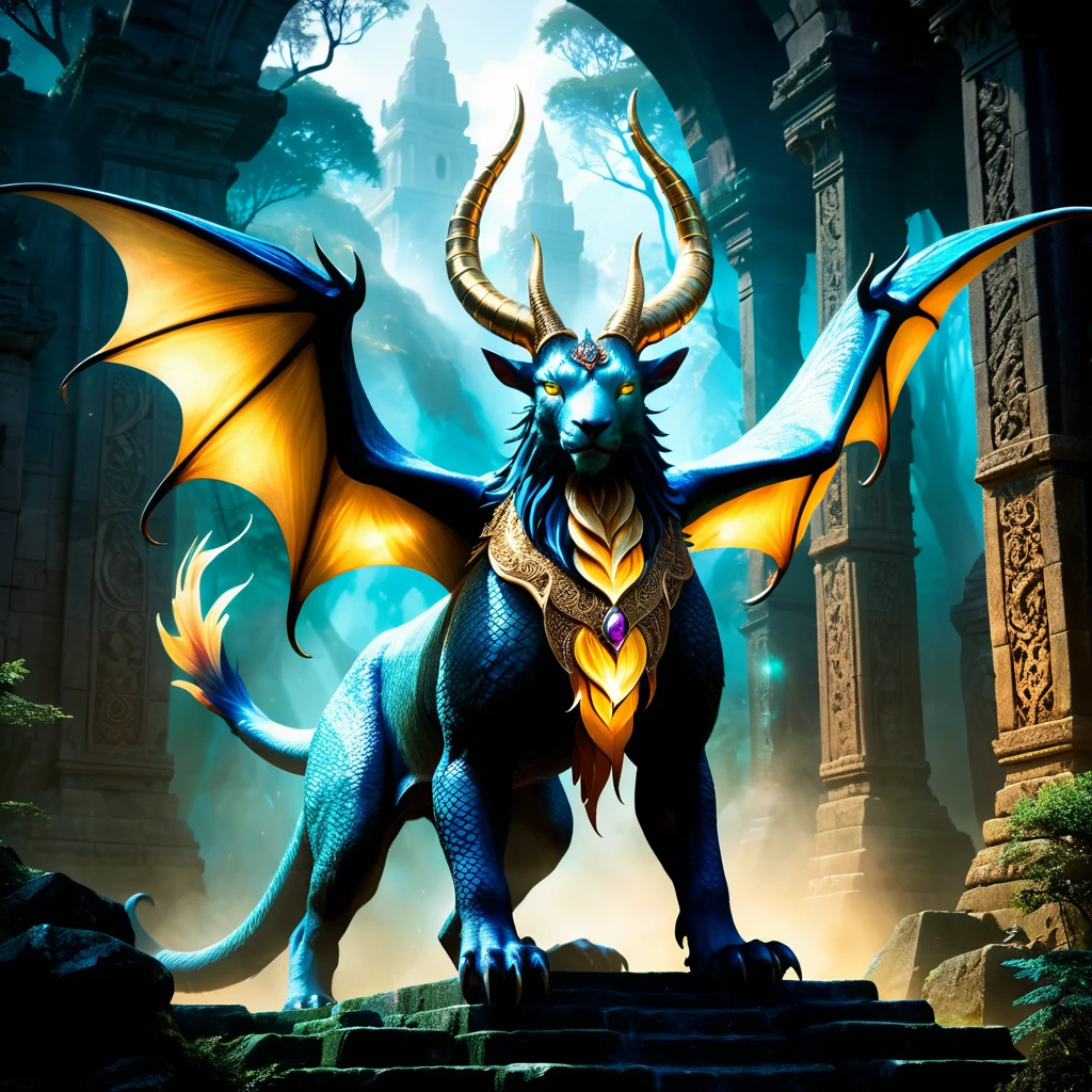 (best quality,4k,8k,highres,masterpiece:1.2),ultra-detailed,(realistic,photorealistic,photo-realistic:1.37),magnificent,exquisite,legendary creature,mythical beast,detailed scales,sharp claws,powerful wings,fiery breath,majestic,ethereal,glowing eyes,mythological monster,immense size,awe-inspiring presence,unearthly beauty,mythical being,enchanting,mesmerizing,haunting appearance,fantastical creature,magical essence,golden aura,horns adorned with jewels,tail with intricate patterns,divine creature,diverse textures,glimmering scales,mythical beast emerging from the mist,dynamic pose,background with ancient ruins,mysterious forest,otherworldly atmosphere,dramatic lighting,mythical creature in flight,evoking a sense of wonder,unleashing its immense power,bringing magic to life,vibrant colors,mythical creature in harmony with nature.