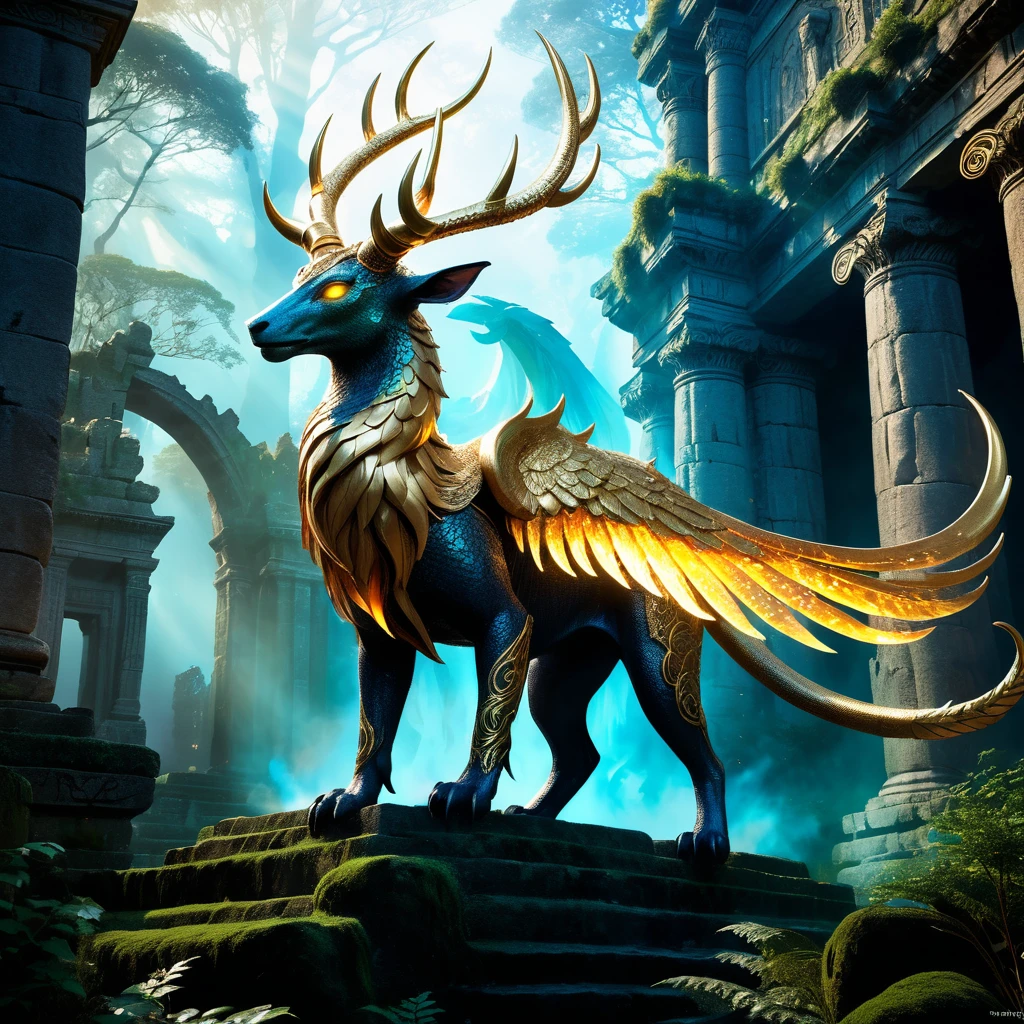 (best quality,4k,8k,highres,masterpiece:1.2),ultra-detailed,(realistic,photorealistic,photo-realistic:1.37),magnificent,exquisite,legendary creature,mythical beast,detailed scales,sharp claws,powerful wings,fiery breath,majestic,ethereal,glowing eyes,mythological monster,immense size,awe-inspiring presence,unearthly beauty,mythical being,enchanting,mesmerizing,haunting appearance,fantastical creature,magical essence,golden aura,horns adorned with jewels,tail with intricate patterns,divine creature,diverse textures,glimmering scales,mythical beast emerging from the mist,dynamic pose,background with ancient ruins,mysterious forest,otherworldly atmosphere,dramatic lighting,mythical creature in flight,evoking a sense of wonder,unleashing its immense power,bringing magic to life,vibrant colors,mythical creature in harmony with nature.