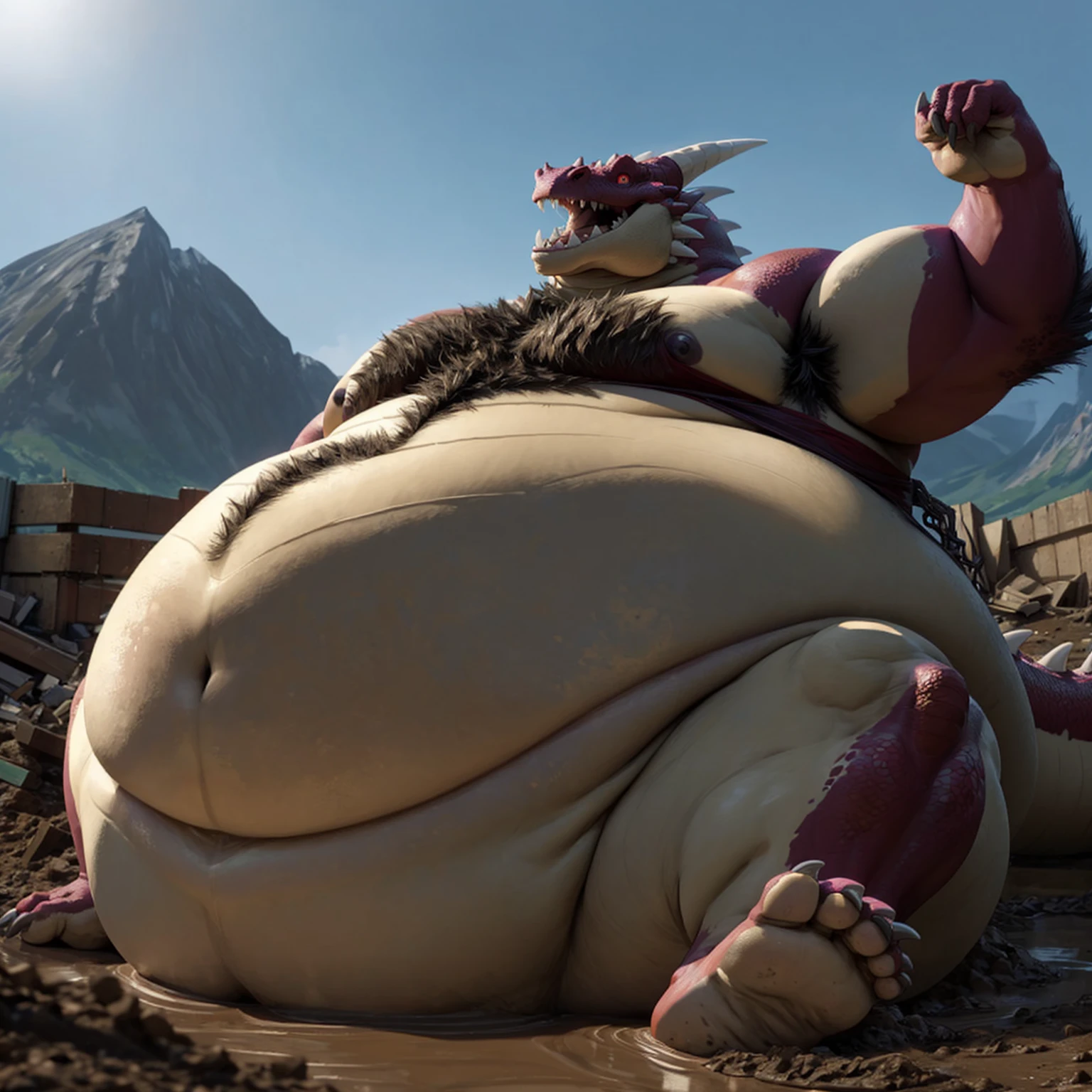 A very obese male dragon、Purple scale dragon、Composition looking up from diagonally below、Hands touching belly、Very short legs、Sitting pose、A pile of mud、Sharp toenails、Face facing up、Roaring crocodile face、Anime-style crimson eyes、Abnormally obese abdomen、A fat underbelly that spreads to the ground、Abnormally obese abdomen、Very obese face、Abnormally fatty neck、A belly as swollen as a mountain、Armpit Hair、chest hair、pubic hair、Wide open mouth expression、A body that fills the screen、Ruined Background、Rubble background