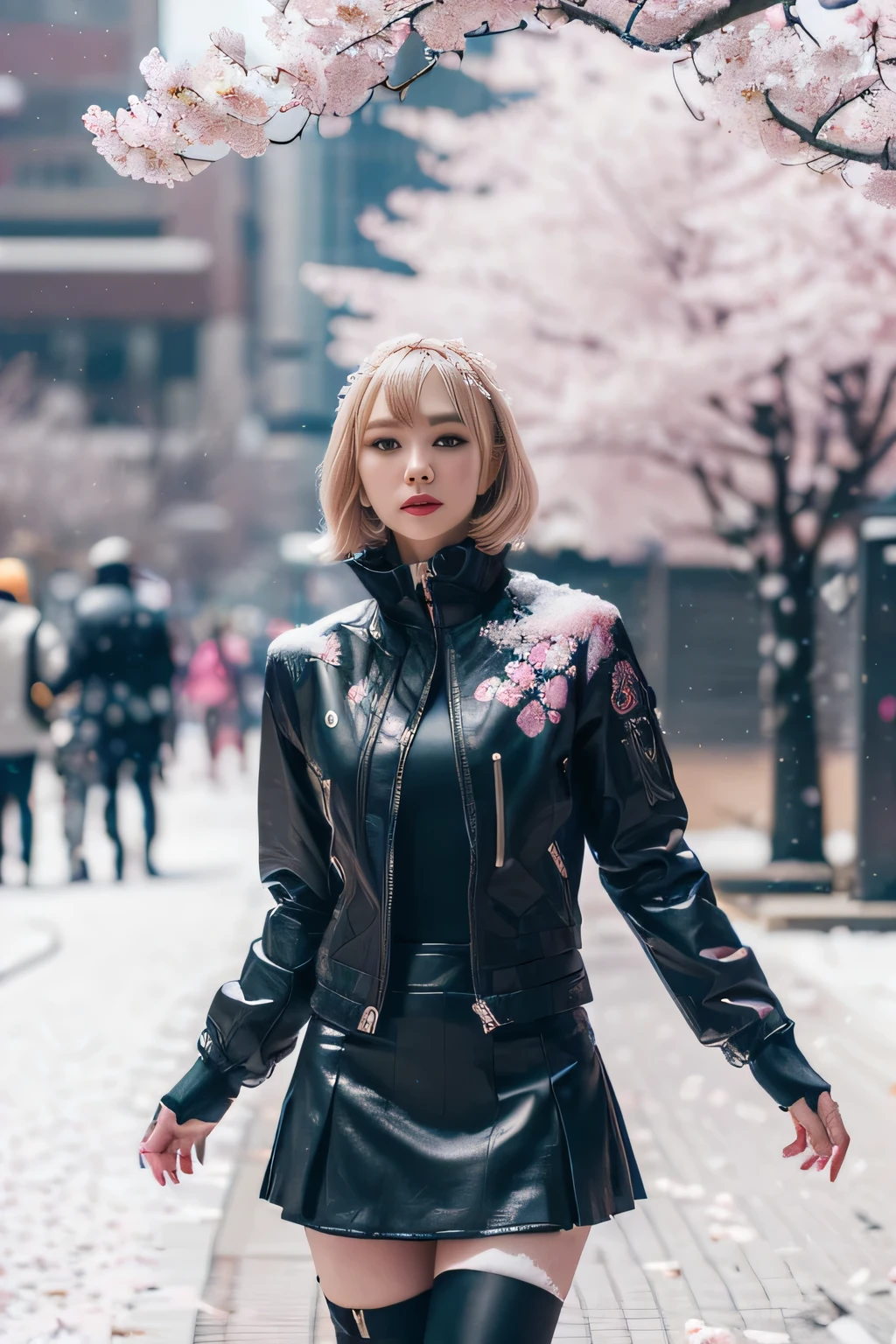 (best quality:1.2),(ultra detailed,highres,HDR,8k,realistic,photorealistic,super fine effects,official art,detailed background), (dynamic pose:1.3), (cyberpunk jacket:1.3), (cyberpunk skirt:1.3)((Cherry blossom tree in full bloom: 1.2), (Cherry blossom petals are falling: 1.2), (Flowering snow: 1.3):1.3), (cyberpunk woman:1.3), (cyber punk:1.3), (zentangle;1.5),(Penrose tiling background:1.5)