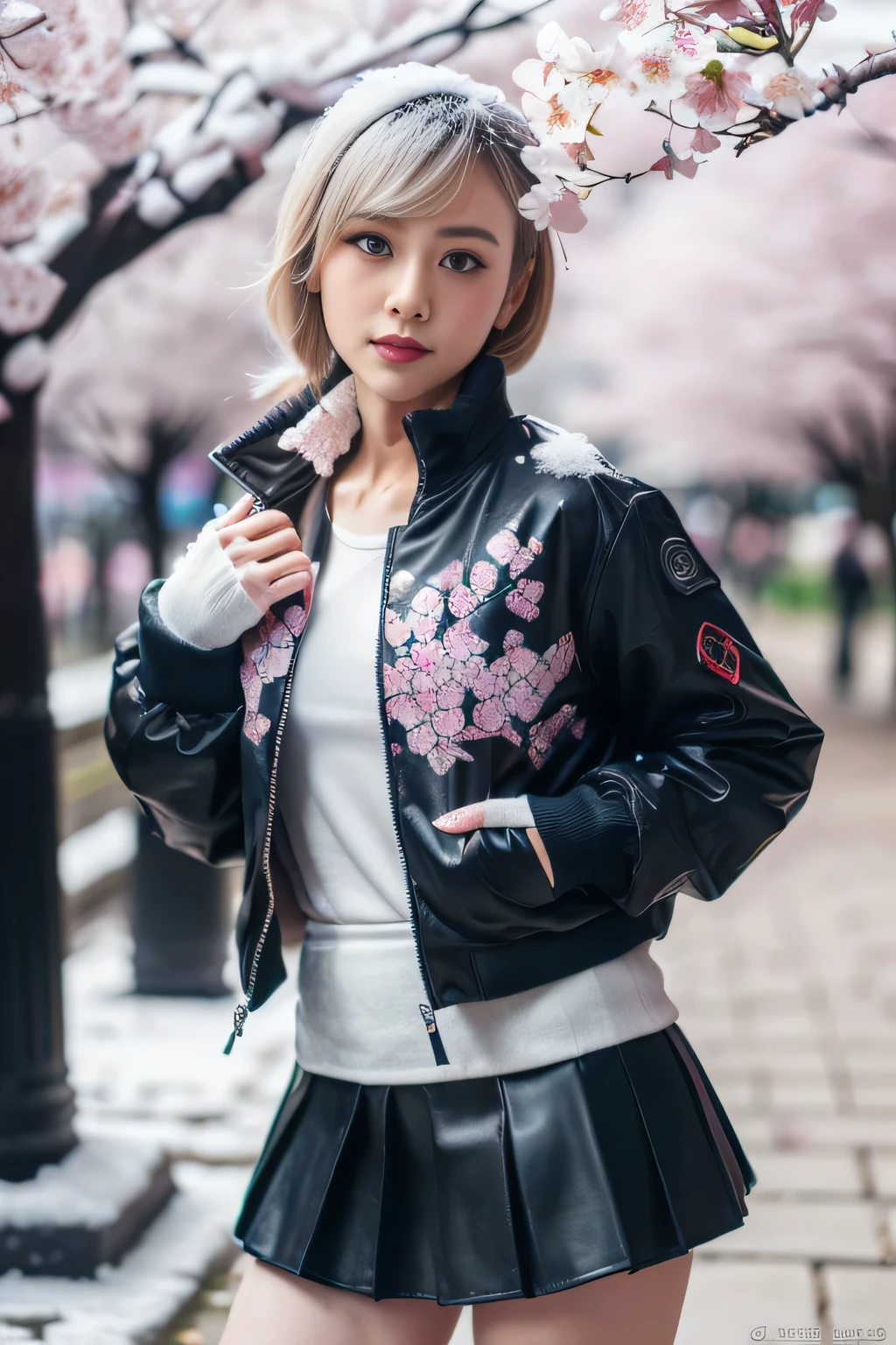 (best quality:1.2),(ultra detailed,highres,HDR,8k,realistic,photorealistic,super fine effects,official art,detailed background), (dynamic pose:1.3), (cyberpunk jacket:1.3), (cyberpunk skirt:1.3)((Cherry blossom tree in full bloom: 1.2), (Cherry blossom petals are falling: 1.2), (Flowering snow: 1.3):1.3), (cyberpunk woman:1.3), (cyber punk:1.3), (zentangle;1.5),(Penrose tiling background:1.5)