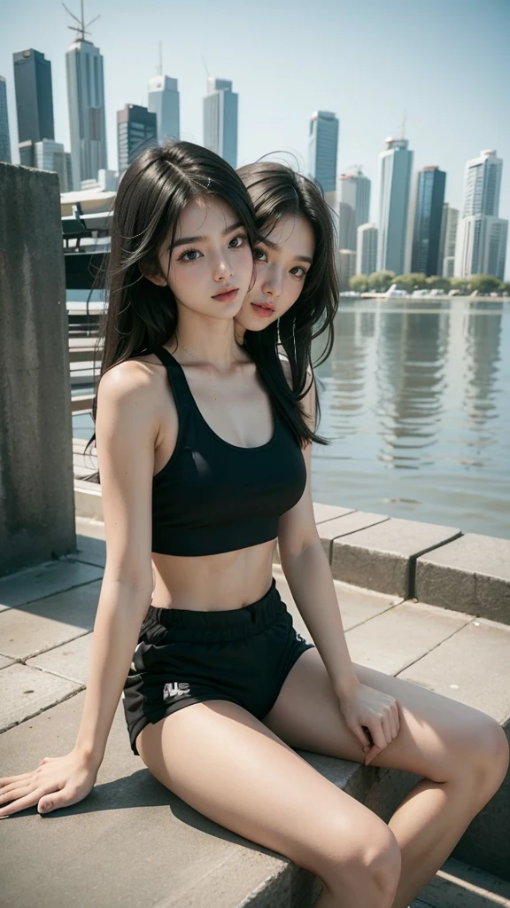 best resolution, 2 heads, Australian model girl two heads, 19 years old, youthful, wearing a black sports bra and shorts sitting on a dock, Brisbane Queensland city skyline in the background, wearing a two-piece workout clothes, sports bra and black shorts, profile image, tight black tank top and shorts, 19-year-old female model, black swimsuit, a cute girl wearing tank suit, dressed in a top and shorts, sitting at the beach, wearing a cropped black tank top, blonde hair, red hair, black hair, different hair colors, full-body view, full body shot