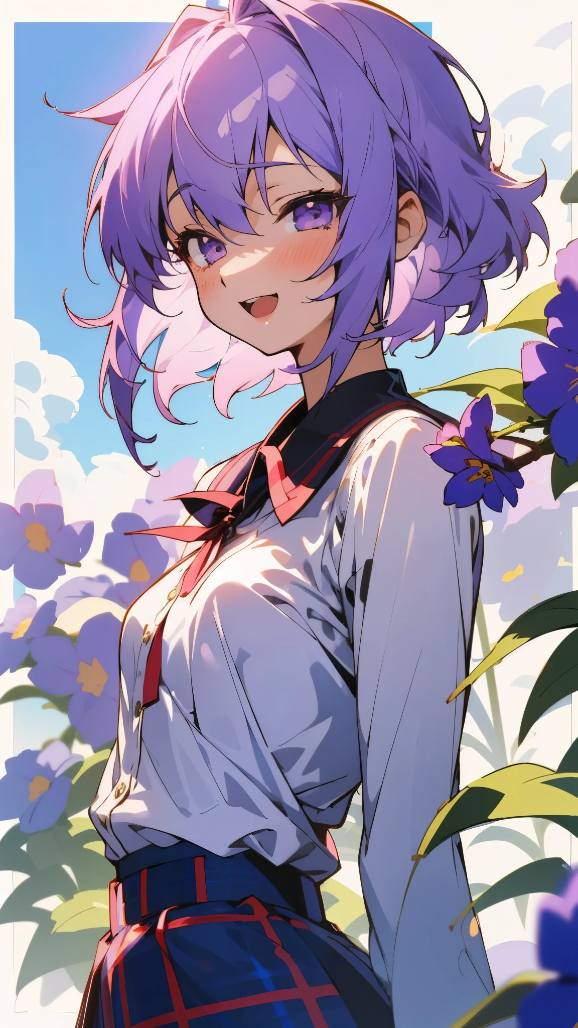 1girl、Yuitsuki Yukari、18-year-old、Small breasts、Slim figure、Light purple hair、short hair、(Hair between the eyes) )、white blouse shirt、Tartan Check Skirt、Upper body close-up、From the side、Laughter、blue sky、Background of blooming red flowers、Background Blur、Depth of the drawn border
