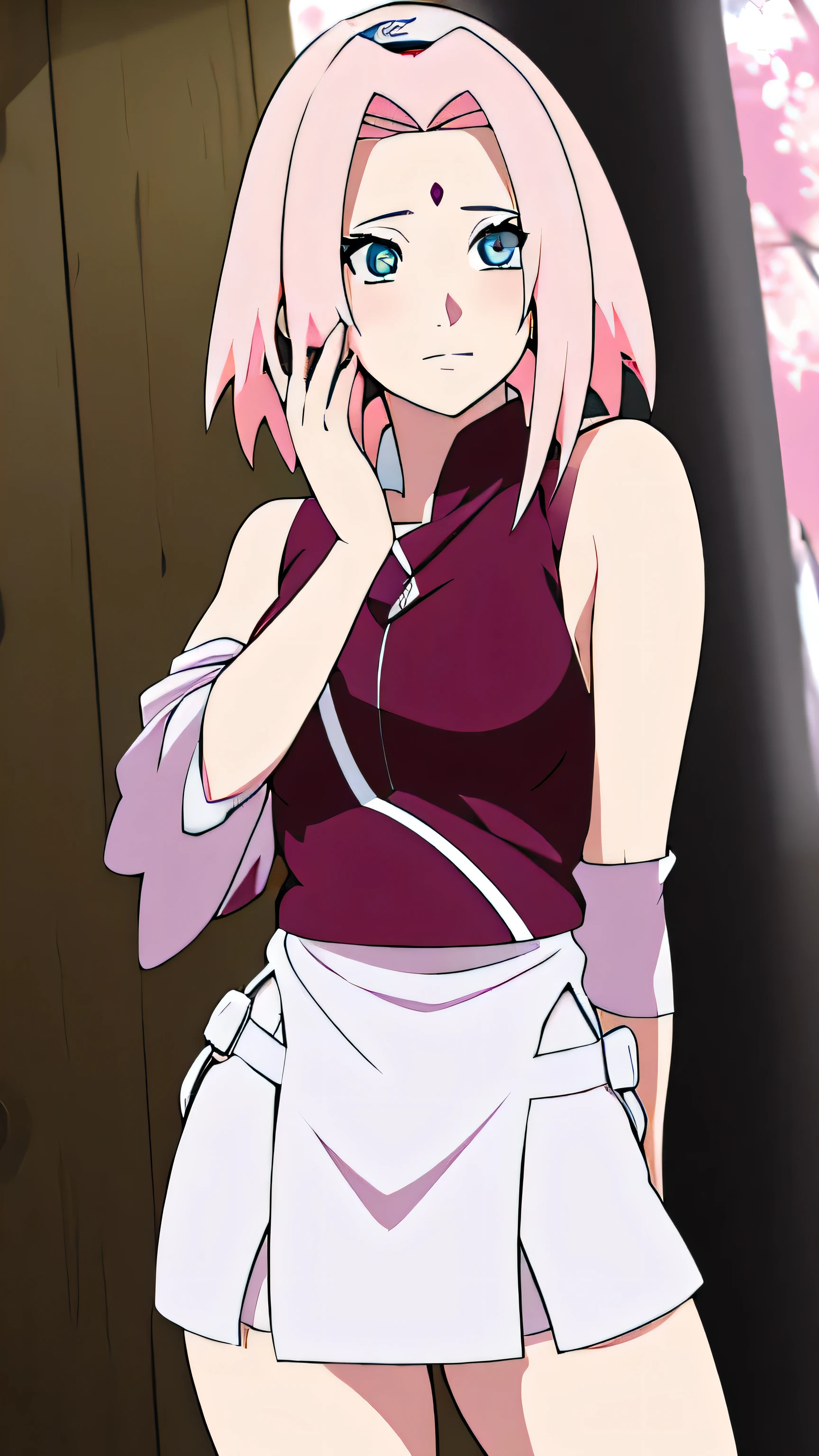 Crea una representacion estilo anime del personaje sakura del anime naruto con un vestido blanco corto a la altura de las rodillas