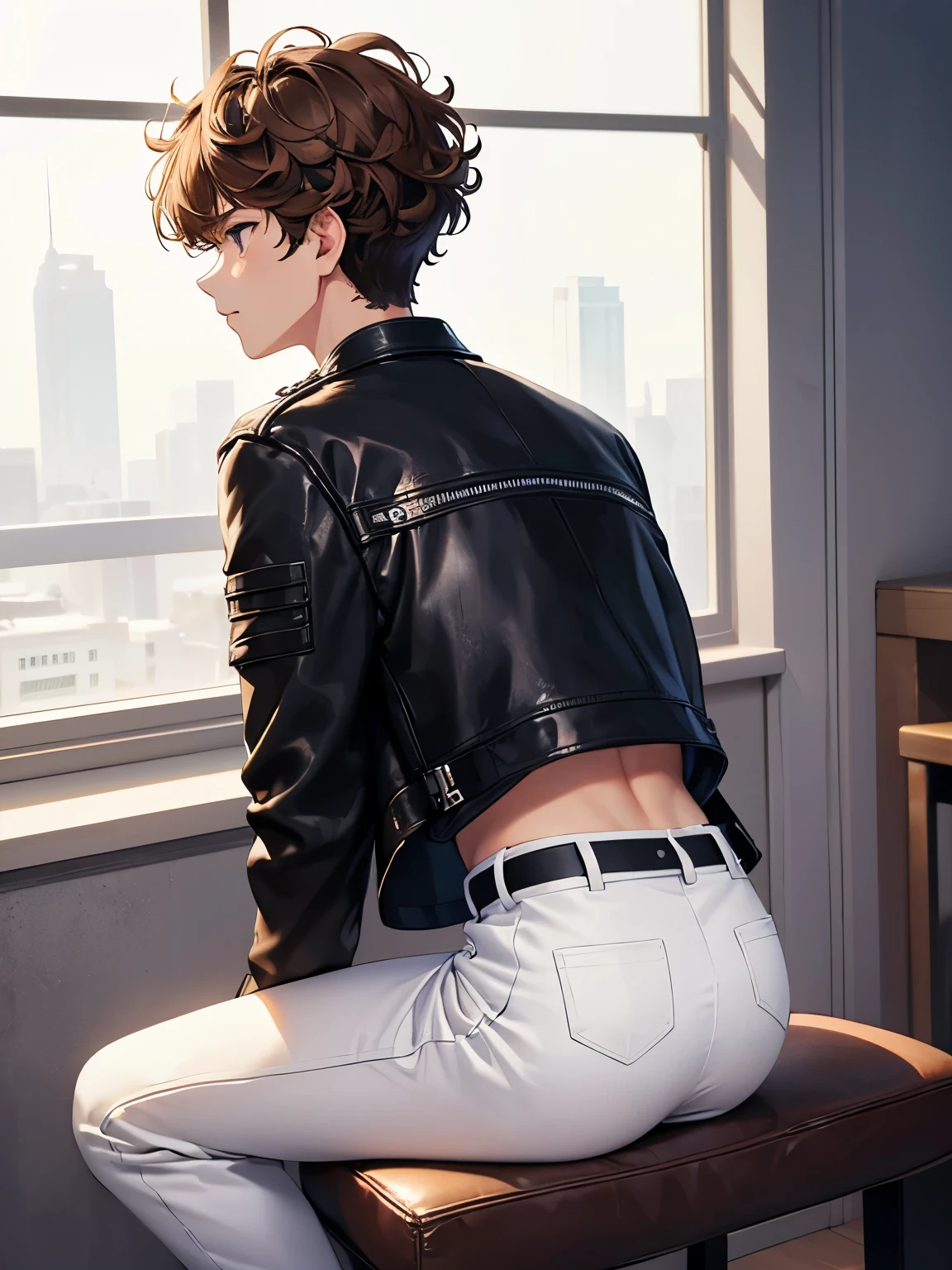 1boy,guy,Sit, facing backwards,half body photo,Camera angle from behind, photo from behind, looking away,18 years old,Curly hair,medium hair,undercut hairstyle,light brown hair,black jacket,Leather jacket,white t-shirt,white trousers,morning,ultra detail,masterpiece