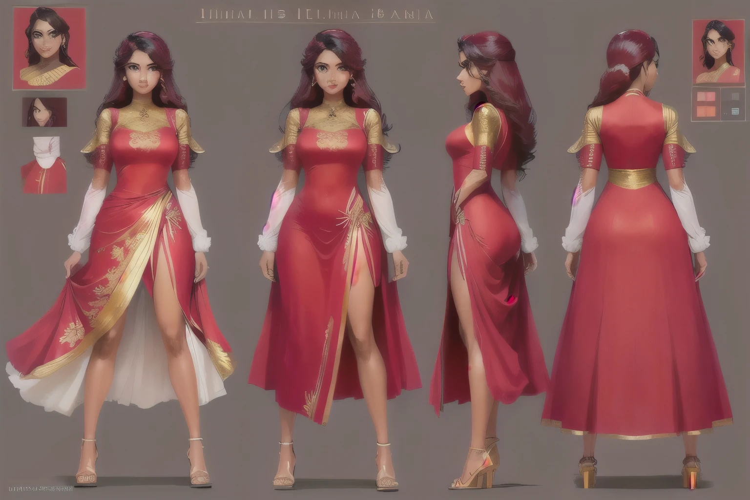 (Character design front ) , Sri Lanka female , 18 female , red dress, character sheet, model sheet