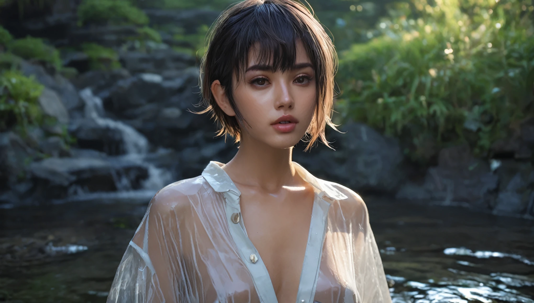 Top Quality, Masterpiece, High Resolution, 8k, wide objective, full body shot, ((cute tanned girl in a wet oversized see-through button-down tunic, deep neckline, short pixie asymmetrical hair, small perky breasts, beautiful detailed eyes, beautiful detailed lips, extremely detailed face, no lipstick, no makeup, natural teint, in onsen, at night, very dim light from one side))