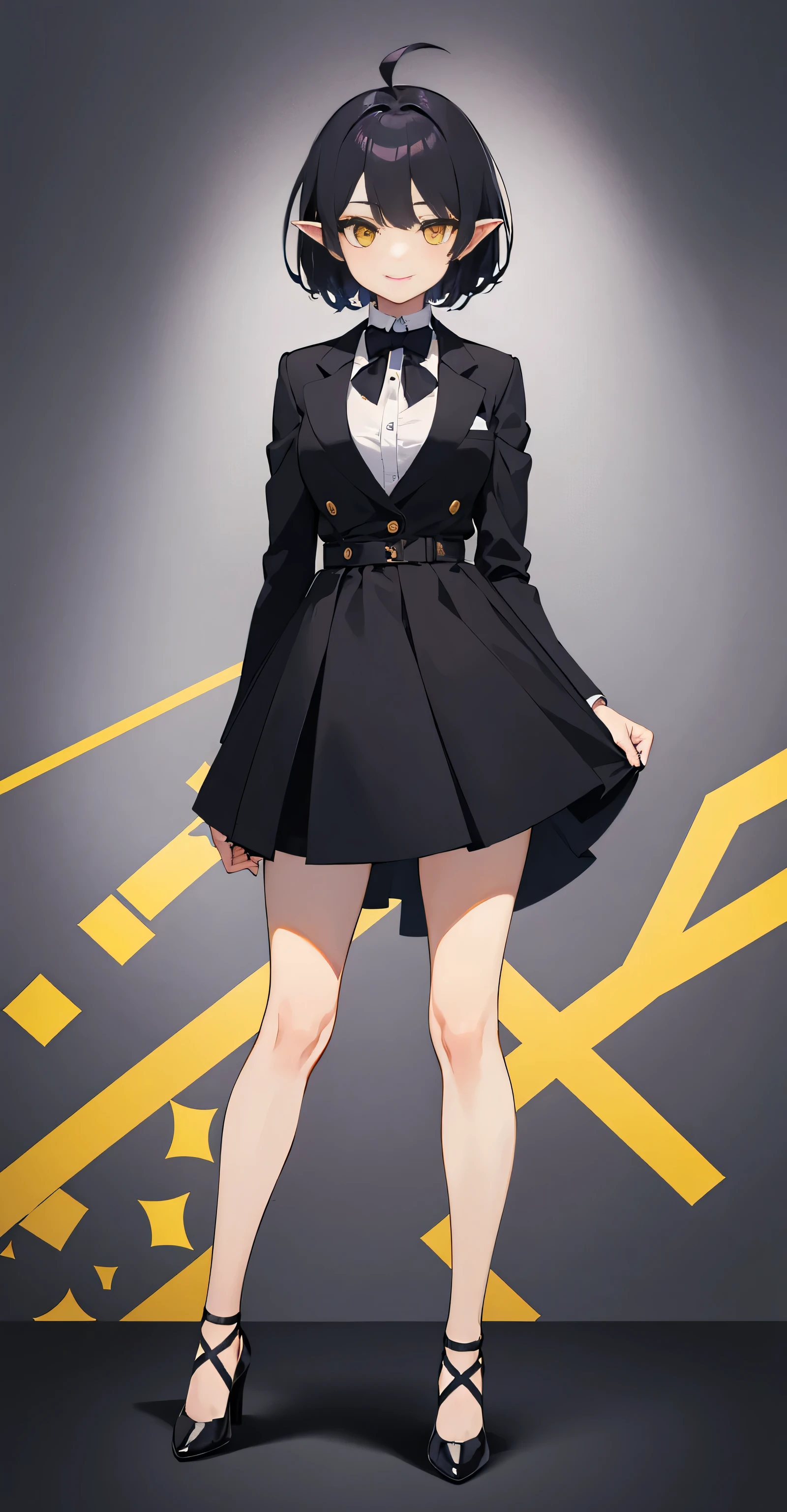 whole body, upright, front, (Facing straight ahead),(Keep your body forward),shoes, One Woman,short hair, (purplish-black hair, Short hair up to the shoulders, Hair between the eyes, Ahoge), (Yellow Eyes), (Pointed Ears), ((Office Suits)), White button-up shirt, Black stiletto heel, Black vest,Black slit skirt, Black bow tie, Abrasion Pump), Place your arms at your sides, smile, masterpiece, high quality, whole body, Wearing shoes, Facing front, Are standing,Simple white background, View your viewers