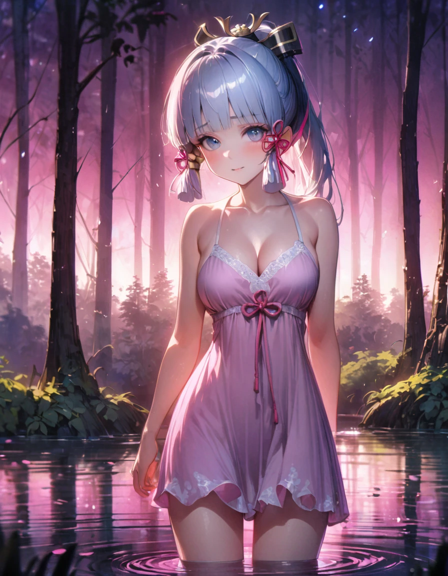 (SFW), ultra-detailed, best quality, illustration, detailed textures(realists), vivid colors, soft lighting, blushing, mature, no bras, hair fluttering, soft skin, beautiful, 4K, medium breasts, cleavage, kamisato_ayaka, solo, bright eyes, standing, slim body, narrow waist, (from front:1.5), bare thigh, beautiful-detailed eyes, ((pink night gown, no sleeves night gown)), ((forest background, standing in the pond, nighttime, dark forest with moonlight seeping through the canopy)),