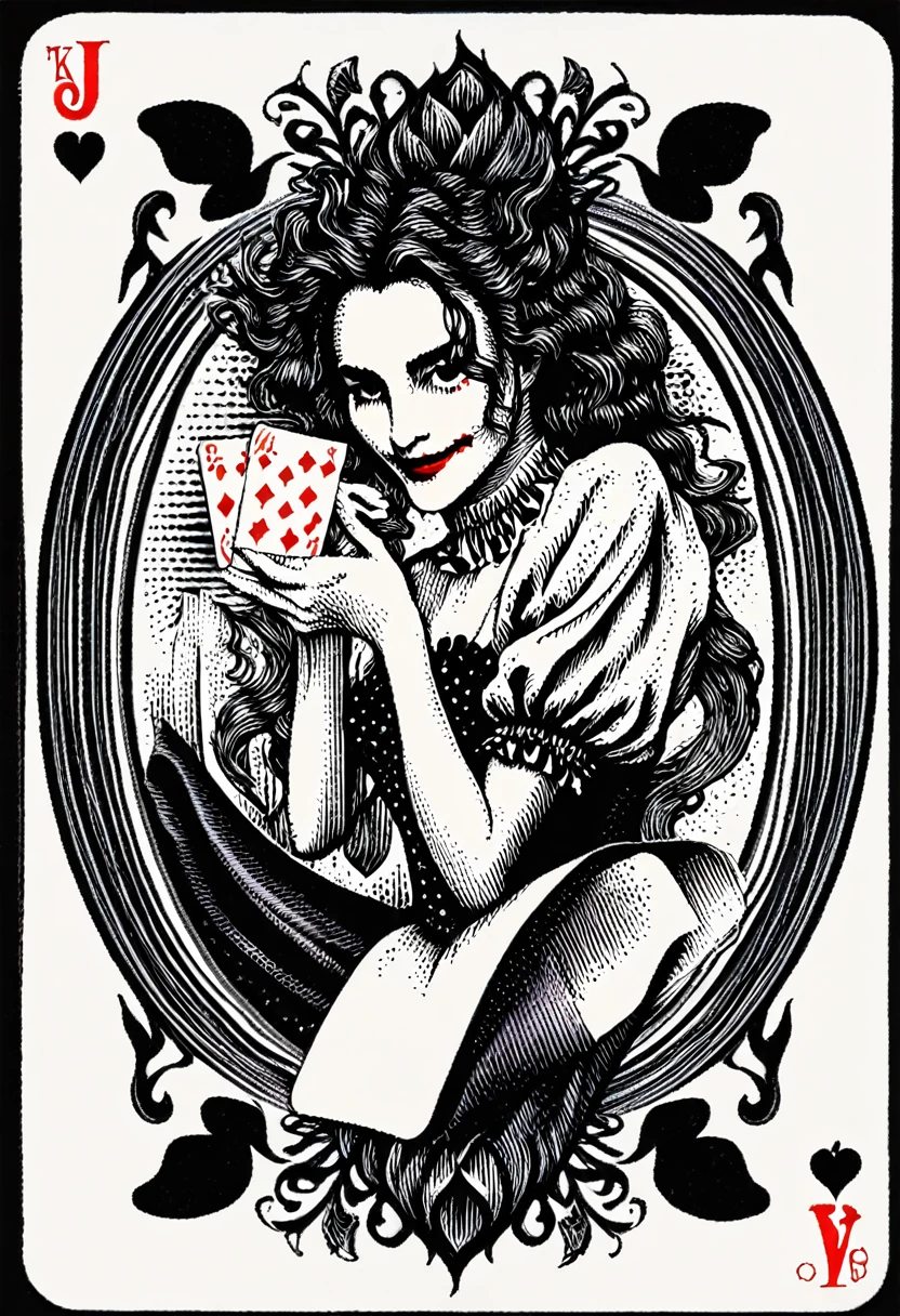(highest quality、Black and White:1.37)、Joker design of playing cards、(buffoon、Beautiful woman、Ideal proportions)、Remove Color