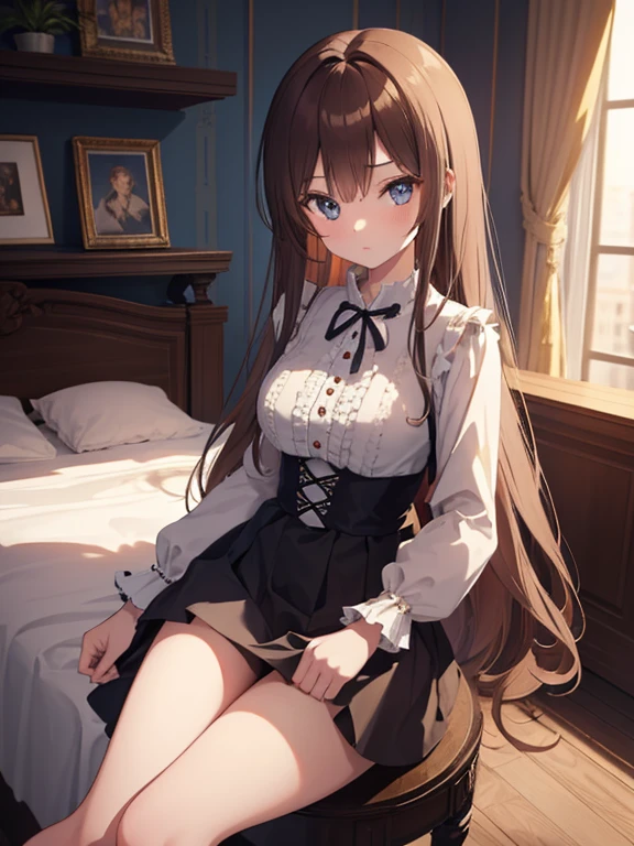 masterpiece, highest quality, Very detailed, 16k, Ultra-high resolution, Cowboy Shot, One , Detailed face, Perfect Fingers, suiseiseki, Western-style building, classical European style bedroom, Sit on the bed
