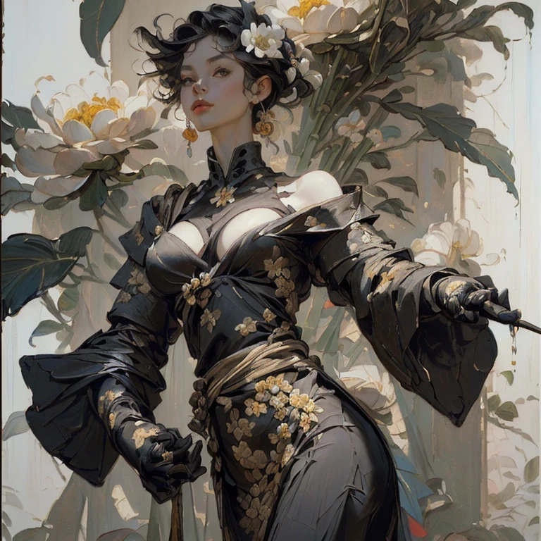 ((Create), (young girl, , naked, full growth, dark hair, light skin, scarlet lips, smile; black, expressive playful eyes, long eyelashes), (female naked body, fantastic space), (flowers, chrysanthemum lilies, peonies, 1 full-length girl-solo, beautiful breasts), (girl, bare shoulders, (ecchi0.5), lips, splash of water, (Flowers:0.6), (birds:0.2), (bamboo0.1) , (lakes), (very beautiful, naked girl, full height, relaxed pose, slight turn of the body, facing the viewer, beautiful small breasts), (dressed; black translucent chiffon dress, gold line, very short peignoir dress), (calm relaxed pose, hair fluttering in the wind, half turn, look at the viewer, stylish girl model)).((Background - fantastic space, flower garden, graphic clear line, stylized - graphic, (lily flowers, peonies, chrysanthemums ) - (stunning blooming irises; (purple, yellow, blue, white), (modern style, modern, very beautiful young girl). (High quality, masterpiece). ((The highest quality of workmanship, realism, oil painting, modern brushwork, the hand of a master, grace, simplicity of execution)).