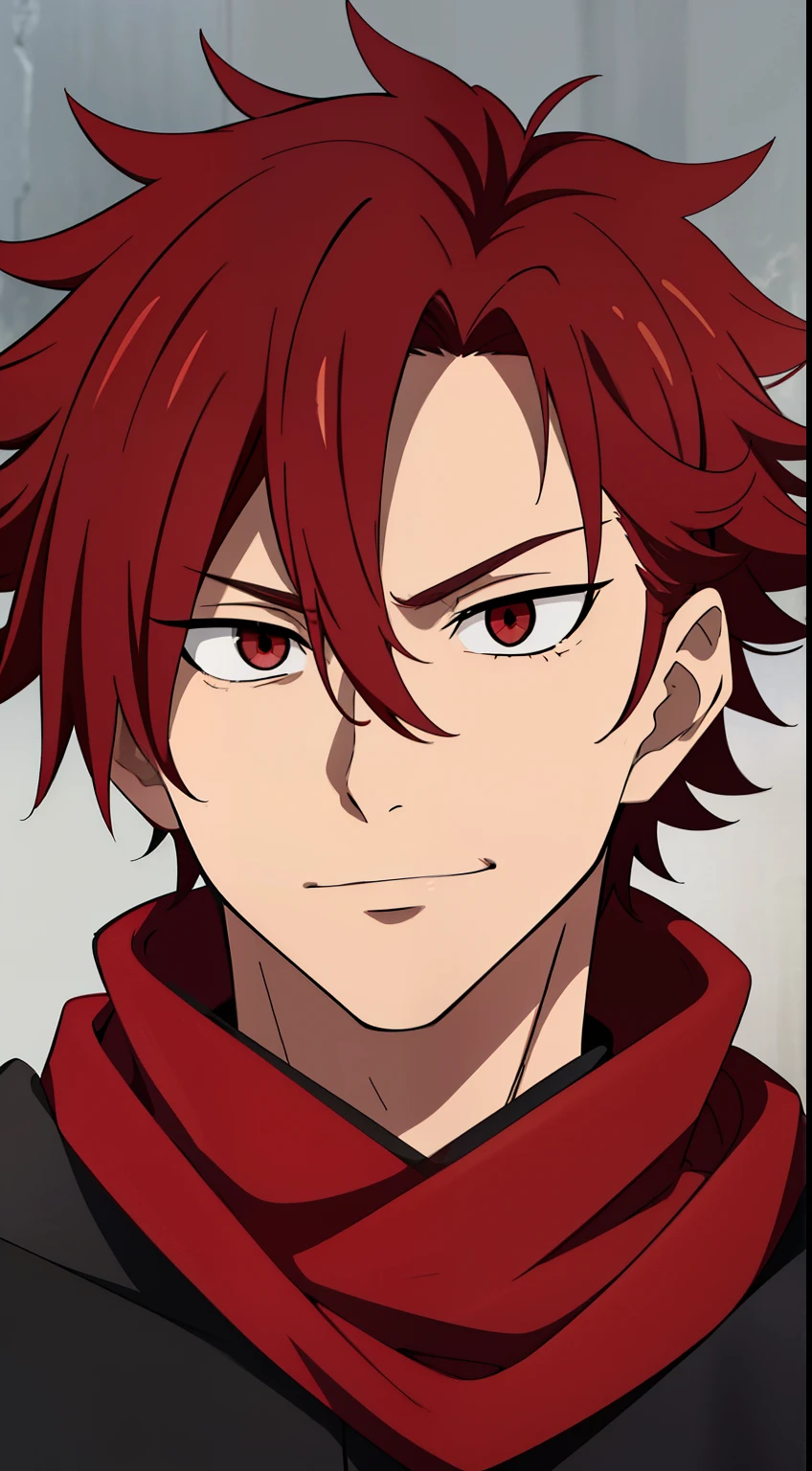 (high-quality, breathtaking),(expressive eyes, perfect face) 1boy, male, solo, age 18, teenager age, masculine face, red color hair, red eye color, spiky fluffy hair, short hair length, messy loose hair, red and black sleeveless armor, red trim, greek god, scarf, narrow eyes, Symmetrical Eyes, portrait, grey background, confident smirk, Sukuna jujutsu kaisen inspired, villain vibe, handsome
