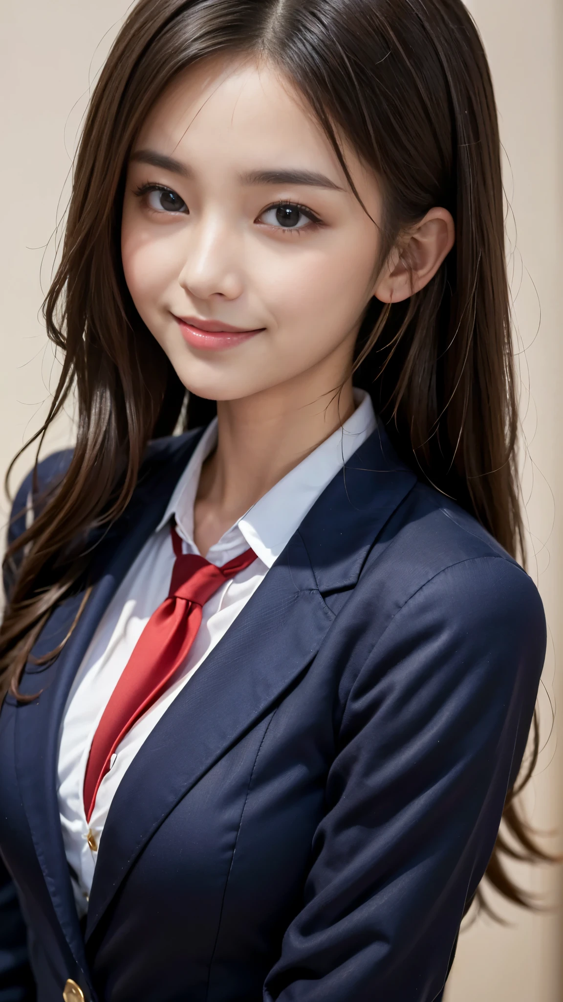 ((highest quality、Masterpiece、High resolution))、(((Zoom photo of upper body)))、A shy smile、15 years old、Large Breasts、Navy blue blazer、shirt、tie、Black Hair、Trimmed bangs、Wavy Hair