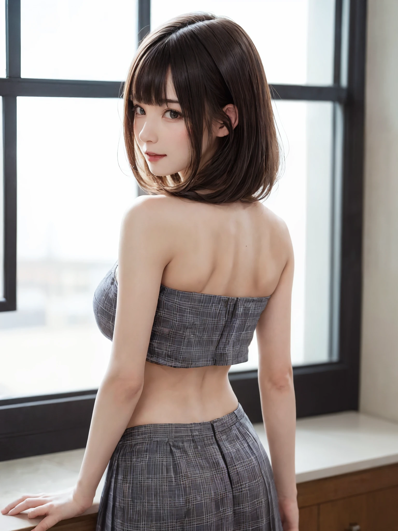 (From the back:1.4、Tabletop:1.4、highest quality:1.4、Best image quality:1.4、Cute beautiful adult woman, Adult smile:1.4、Beautiful Teeth、Lip gloss、Short Brunette Bob、Shiny shiny hair、Has shiny bangs:1.4、bangs:1.4、length, shiny shorthair、length neck:1.4、Show me your ears、Tall Supermodels、Broad shouldered supermodel、{Huge|big|Huge|Mega} chest, Beautiful chest have cleavage)、(Cute school girl、Off-the-shoulder white see-through shirt、Checkered sheer loop pleated short skirt、28 years old)、Very cute and attractive woman