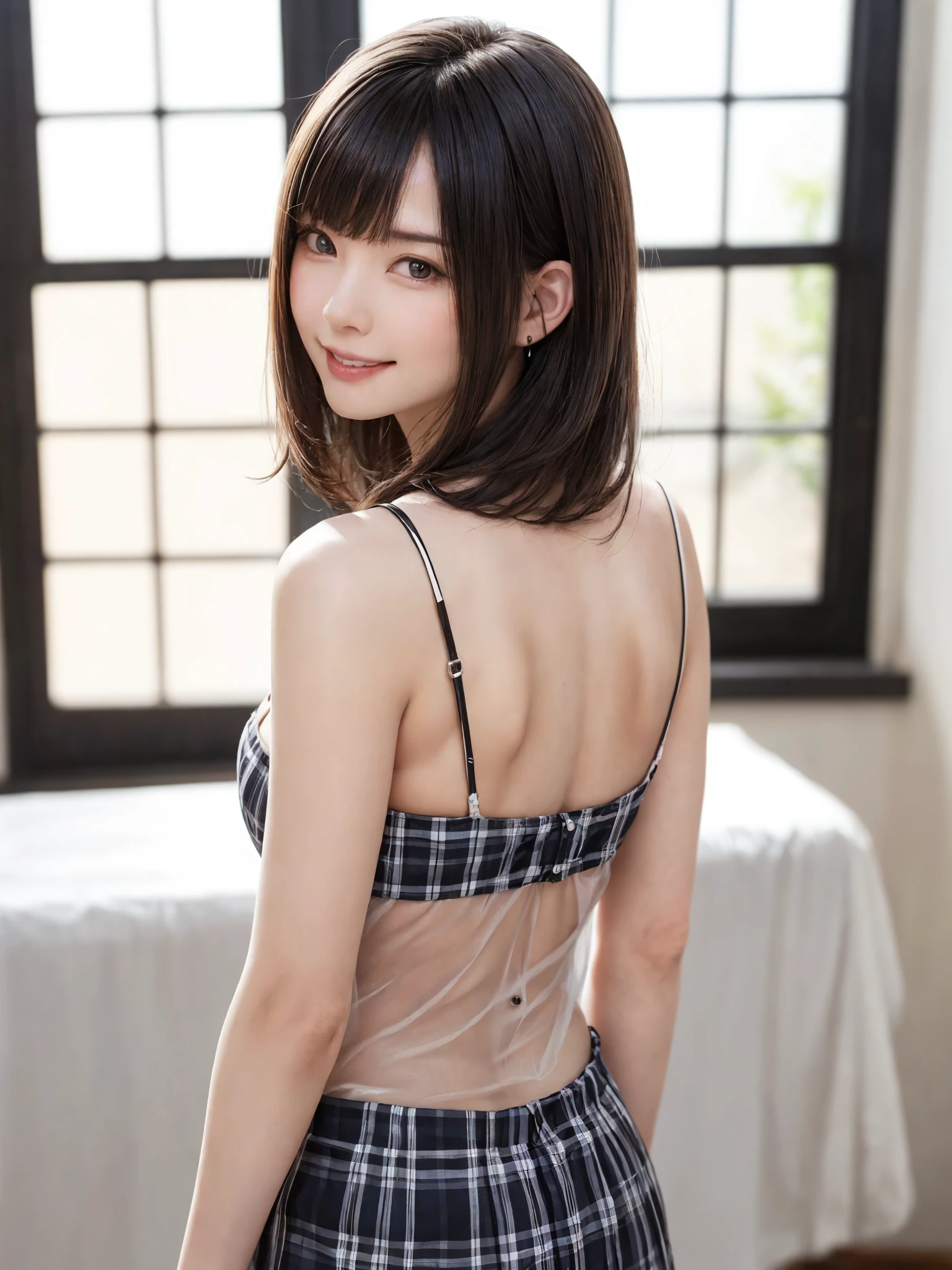 (From the back:1.4、Tabletop:1.4、highest quality:1.4、Best image quality:1.4、Cute beautiful adult woman, Adult smile:1.4、Beautiful Teeth、Lip gloss、Short Brunette Bob、Shiny shiny hair、Has shiny bangs:1.4、bangs:1.4、length, shiny shorthair、length neck:1.4、Show me your ears、Tall Supermodels、Broad shouldered supermodel、{Huge|big|Huge|Mega} chest, Beautiful chest have cleavage)、(Cute school girl、Off-the-shoulder white see-through shirt、Checkered sheer loop pleated short skirt、28 years old)、Very cute and attractive woman