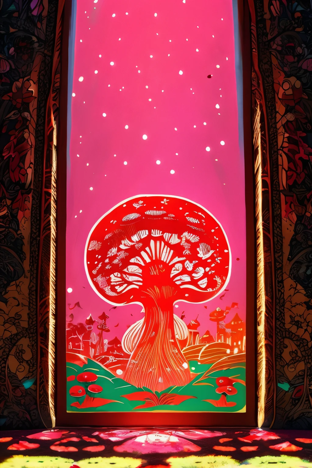 knight of the red mushroom and red mushroom Monster,luminous design, pastel colours, ink drips, summer lights