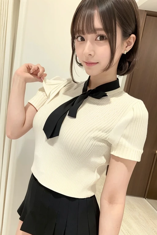 Black Mini Skirt　Skirts should be shortened　Gravure idol pose　Hotel　White clothes　high resolution　Not too small bust