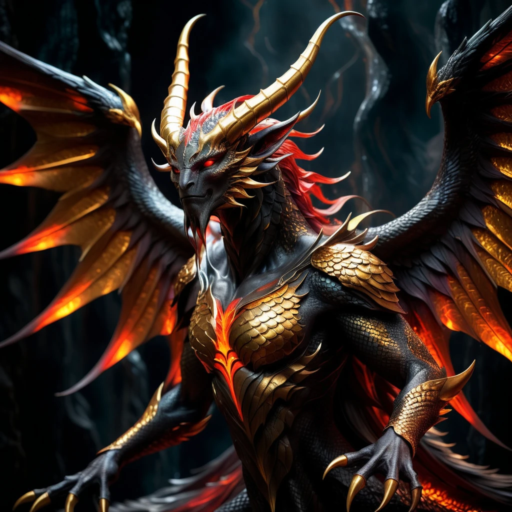 best quality,ultra-detailed,(realistic,photorealistic:1.37),portrait,mythical creature,detailed scales,long curved horns,sharp claws,majestic wings,vibrant colors,fiery red and golden tones,dark background,ethereal lighting,imposing presence,surreal atmosphere,myth and fantasy.