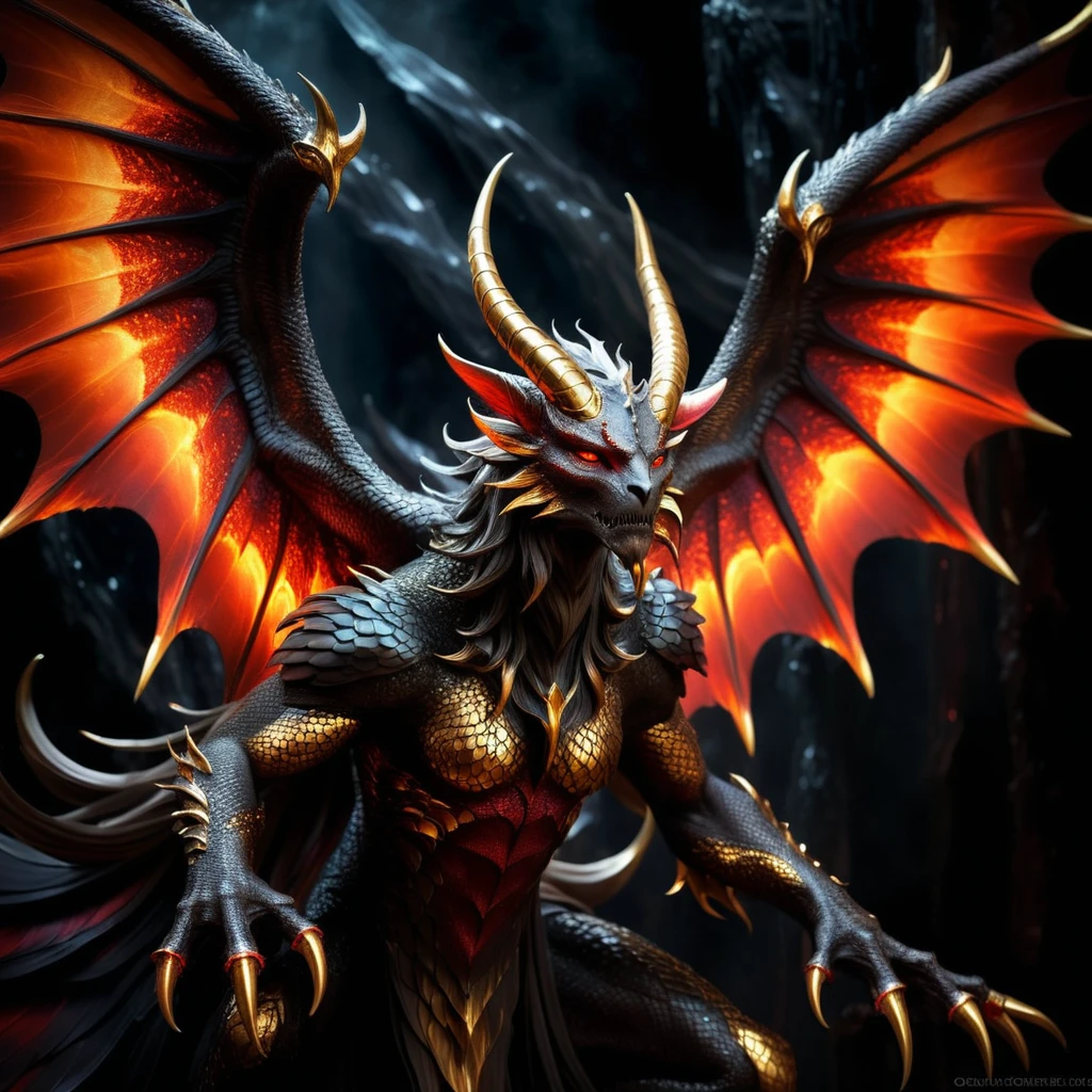 best quality,ultra-detailed,(realistic,photorealistic:1.37),portrait,mythical creature,detailed scales,long curved horns,sharp claws,majestic wings,vibrant colors,fiery red and golden tones,dark background,ethereal lighting,imposing presence,surreal atmosphere,myth and fantasy.