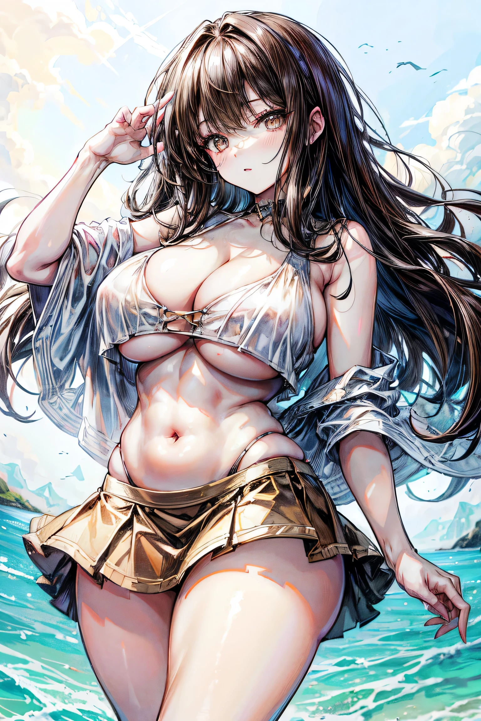 absurdres, high res, ultrasharp, 8K, masterpiece, looking at viewer,1girl, beautiful brown eyes, curvy body, seductive body, brown hair, beautiful face, seductive face, wearing sexy slim two short skirt, white crop top, seductive pose, vibrant colors, chibi, complex details, in the beach