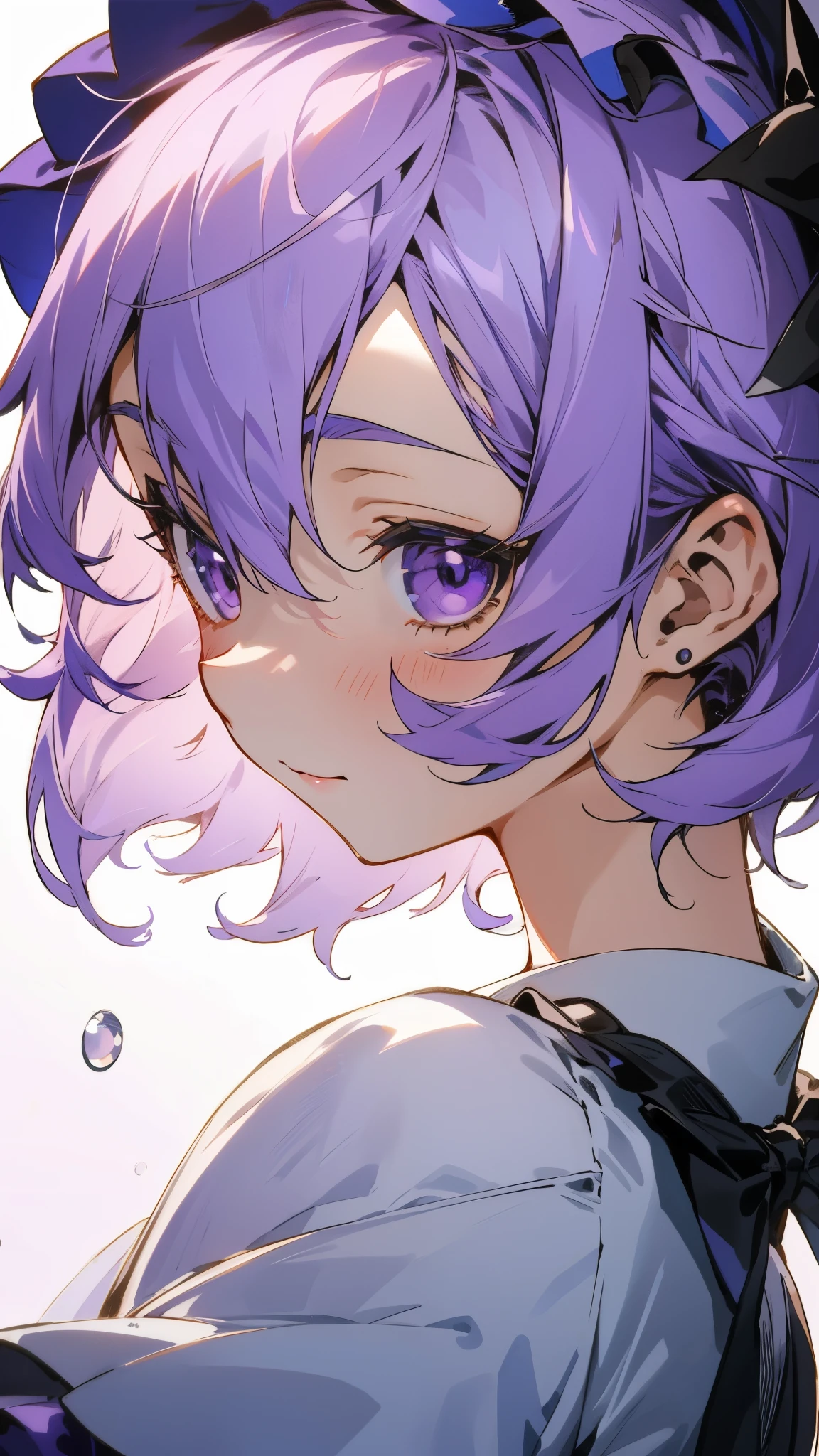 １girl、Yuitsuki Yukari、Light purple hair、short hair、(Hair between the eyes) )、Upper body close-up、From the side、Laughter