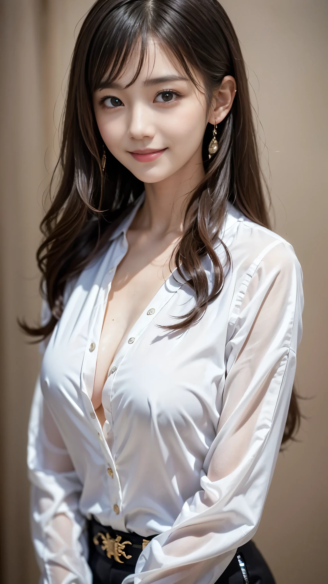 ((highest quality、Masterpiece、High resolution))、(((Zoom photo of upper body)))、One woman、A shy smile、、Large Breasts、shir Hair、Trimmed bangs、Wavy Hair