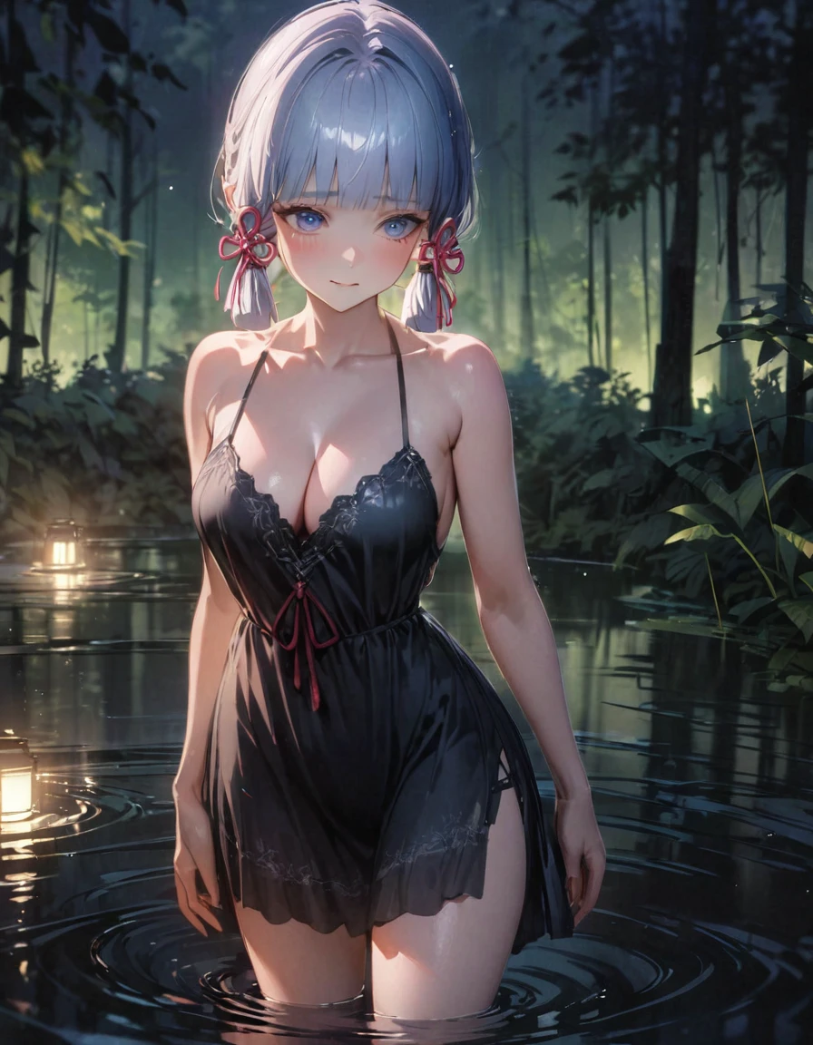 (SFW), ultra-detailed, best quality, illustration, detailed textures(realists), vivid colors, soft lighting, blushing, mature, no bras, hair fluttering, soft skin, beautiful, 4K, medium breasts, cleavage, kamisato_ayaka, solo, bright eyes, standing, slim body, narrow waist, (from front:1.5), bare thigh, beautiful-detailed eyes, ((black night gown, no sleeves night gown)), ((forest background, standing in the pond, nighttime, dark forest with moonlight seeping through the canopy)),