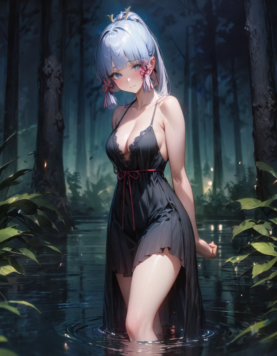 (SFW), ultra-detailed, best quality, illustration, detailed textures(realists), vivid colors, soft lighting, blushing, mature, no bras, hair fluttering, soft skin, beautiful, 4K, medium breasts, cleavage, kamisato_ayaka, solo, bright eyes, standing, slim body, narrow waist, (from front:1.5), bare thigh, beautiful-detailed eyes, ((black night gown, no sleeves night gown)), ((forest background, standing in the pond, nighttime, dark forest with moonlight seeping through the canopy)),
