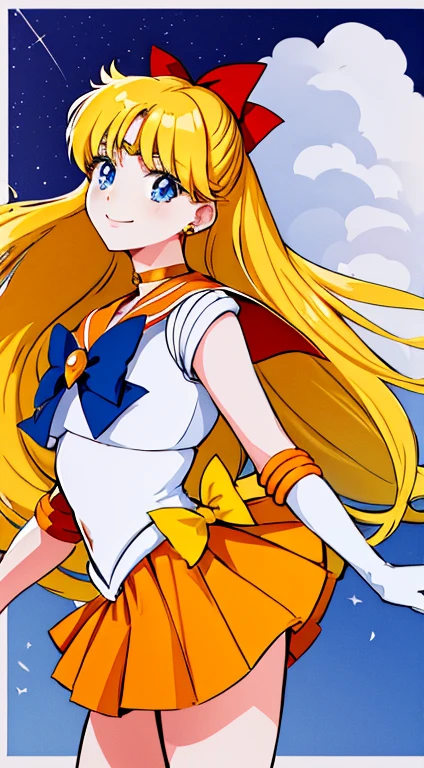 masterpiece, highest quality, High resolution, venus1, 1 girl, alone, Sailor Senshi Uniform, sailor venus, aino minako, blonde hair, Magical girl, blue eyes, Orange skirt, elbow bag, tiara, pleated skirt, hair ribbon, orange sailor collar, mini skirt, choker, red bow, orange choker, white gloves, very long hair, jewelry, earrings, cowboy shot, smile,