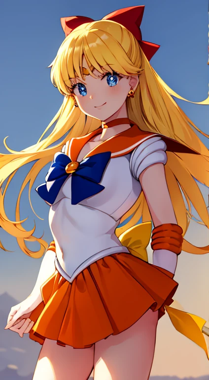 masterpiece, highest quality, High resolution, venus1, 1 girl, alone, Sailor Senshi Uniform, sailor venus, aino minako, blonde hair, Magical girl, blue eyes, Orange skirt, elbow bag, tiara, pleated skirt, hair ribbon, orange sailor collar, mini skirt, choker, red bow, orange choker, white gloves, very long hair, jewelry, earrings, cowboy shot, smile,