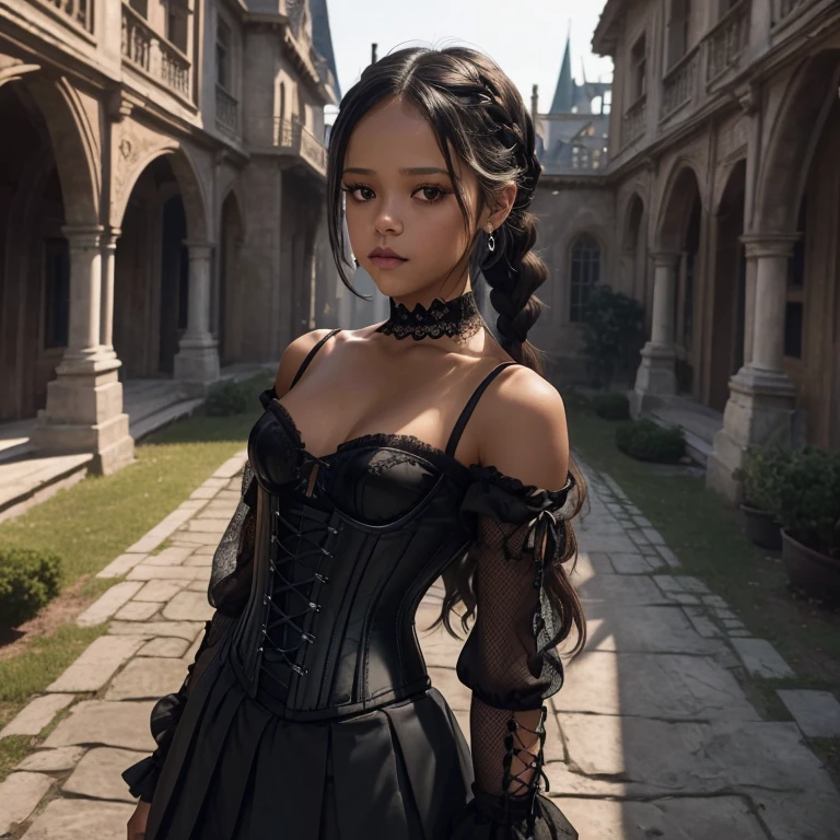 (masterpiece), best quality, expressive eyes, perfect face, (Jenna Ortega at a spooky mansion), (courtyard with dried plants and gothic castle background), (closeup view), (1girl, Jenna Ortega, Jenna Ortega face, Latina, dark skin, tan skin, tan, black hair, twin pigtail braids with straight bangs hairstyle, brown eyes, hourglass figure, thin body, skinny body, small breasts), (black lace-up corset blouse, long black sleeves, strapless, black pleated skirt, black fishnet stockings, lace choker, black earrings, black makeup, black eye shadow, black lips), jortega
