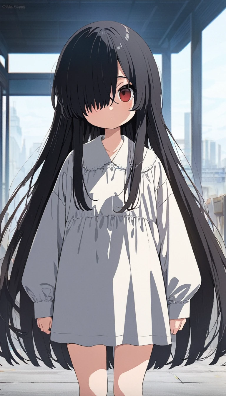 (masterpiece), (ultra-detailed), (full-body shot), Anime girl standing with long black hair and red eyes, short height girl, 155cm tall, cute anime girl, anime girl, anime shoujo art style, black hair, really long hair, (((hair over right eye))), ((hair over one eye)), red eyes, empty eyes