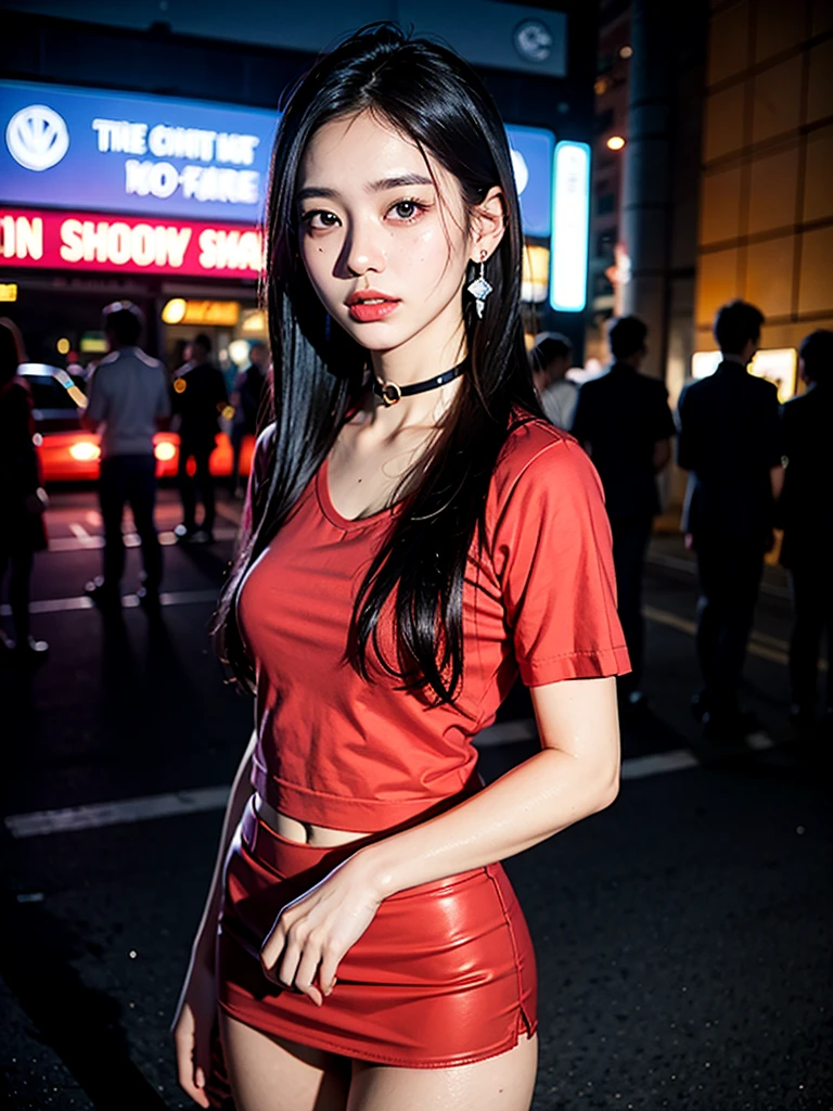 Beautiful Thai college student,long straight black hair,cute face,far shot,choker,full body,large earring,small bag,red shirt,miniskirt,night light,city,Photography,Surrounded by neon-lit reflections of the cityscape, depth of fields,Night, cyberpunk aesthetic, Highly detailed lighting, Dramatic,8K, high-detail, Skin Texture, Realistic skin texture,Best Quality, hight resolution, Photorealsitic