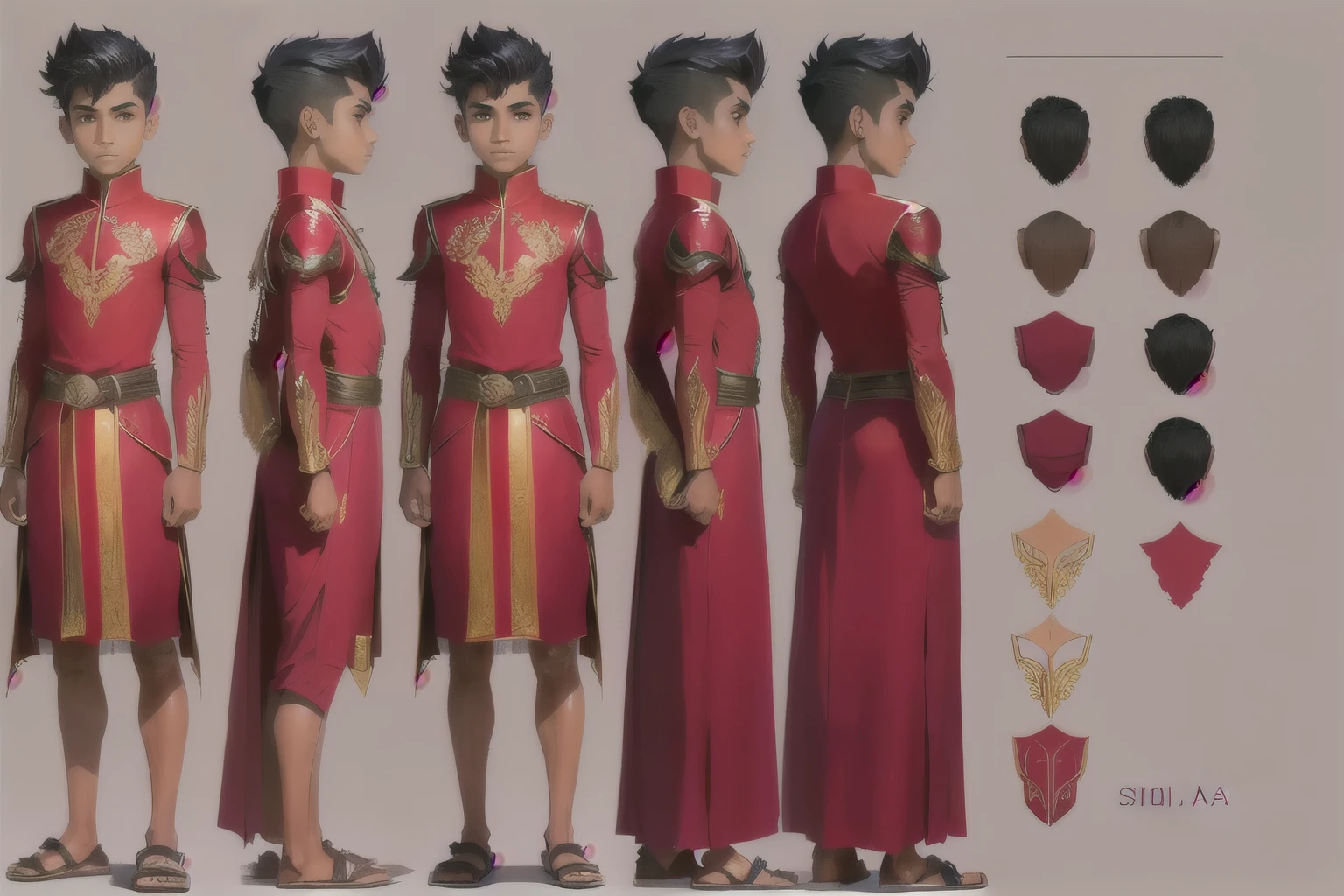 (Character design front ) ,   Sri Lanka male , 10 age to 20 male , red dress, character sheet, model sheet 